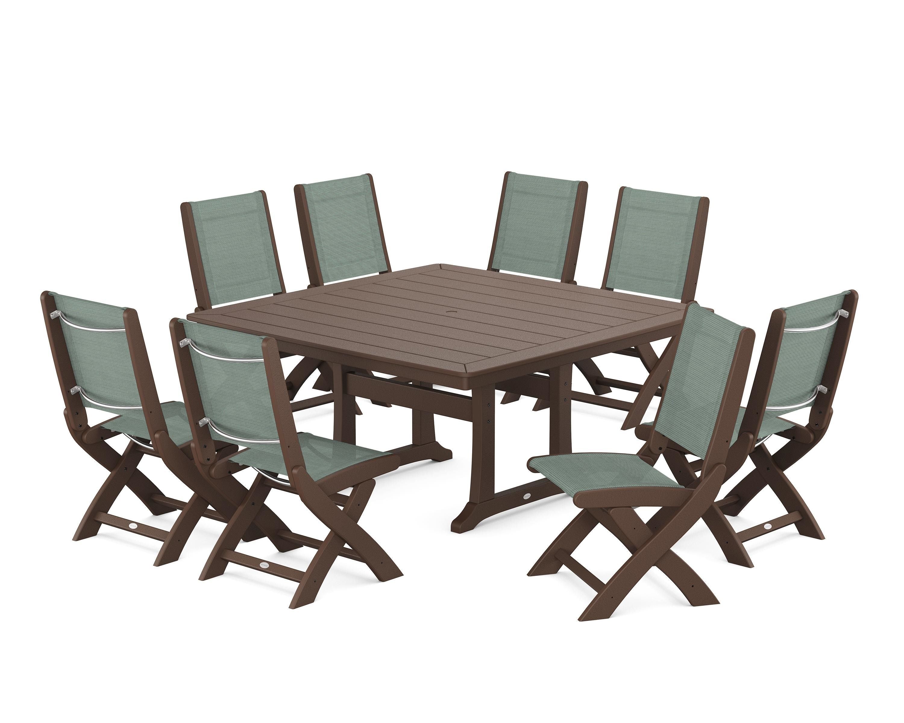 POLYWOOD Coastal Folding Side Chair 9-Piece Dining Set with Trestle Legs in Mahogany / Dupioni Sea Mist Sling