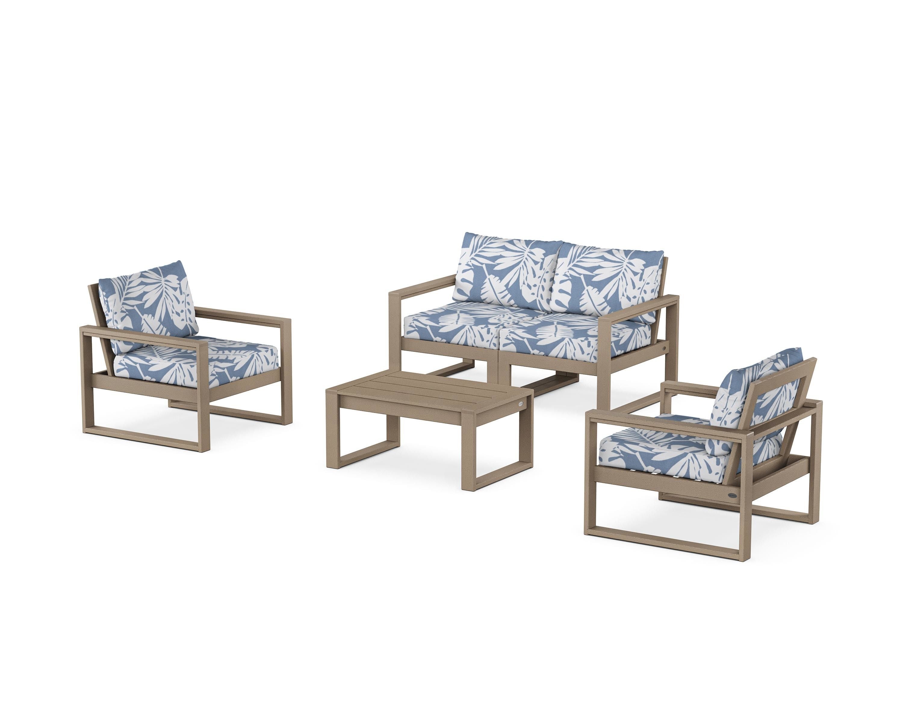 POLYWOOD EDGE Sectional 4-Piece Deep Seating Set with Loveseat in Vintage Sahara / Leaf Sky Blue