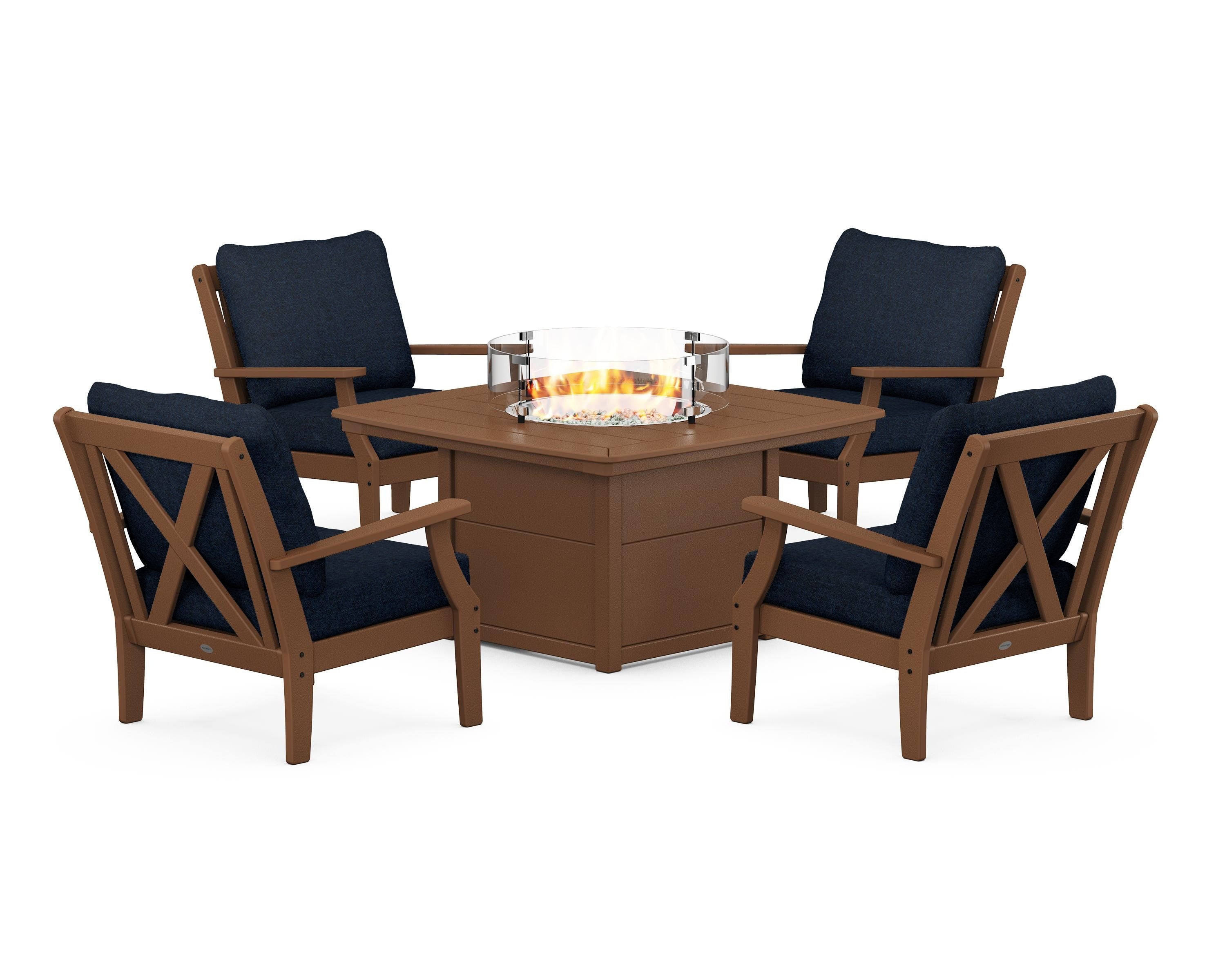POLYWOOD Braxton 5-Piece Deep Seating Conversation Set with Fire Pit Table in Teak / Marine Indigo