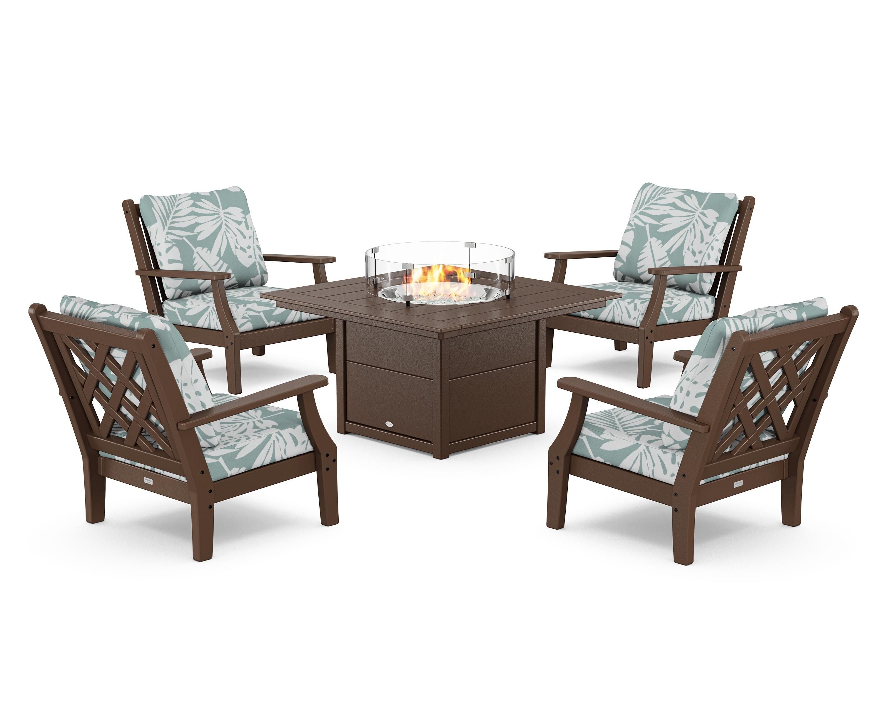 Country Living Wovendale 5-Piece Deep Seating Set with Fire Pit Table in Mahogany / Leaf Glacier Spa