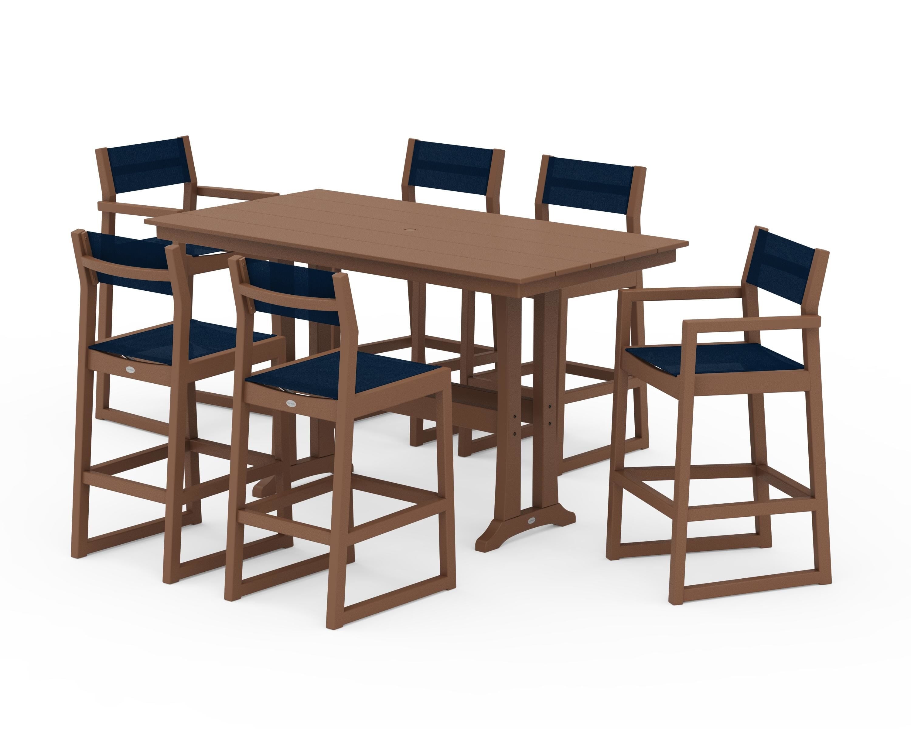 POLYWOOD EDGE Sling 7-Piece Farmhouse Bar Set with Trestle Legs in Teak / Navy Blue Sling