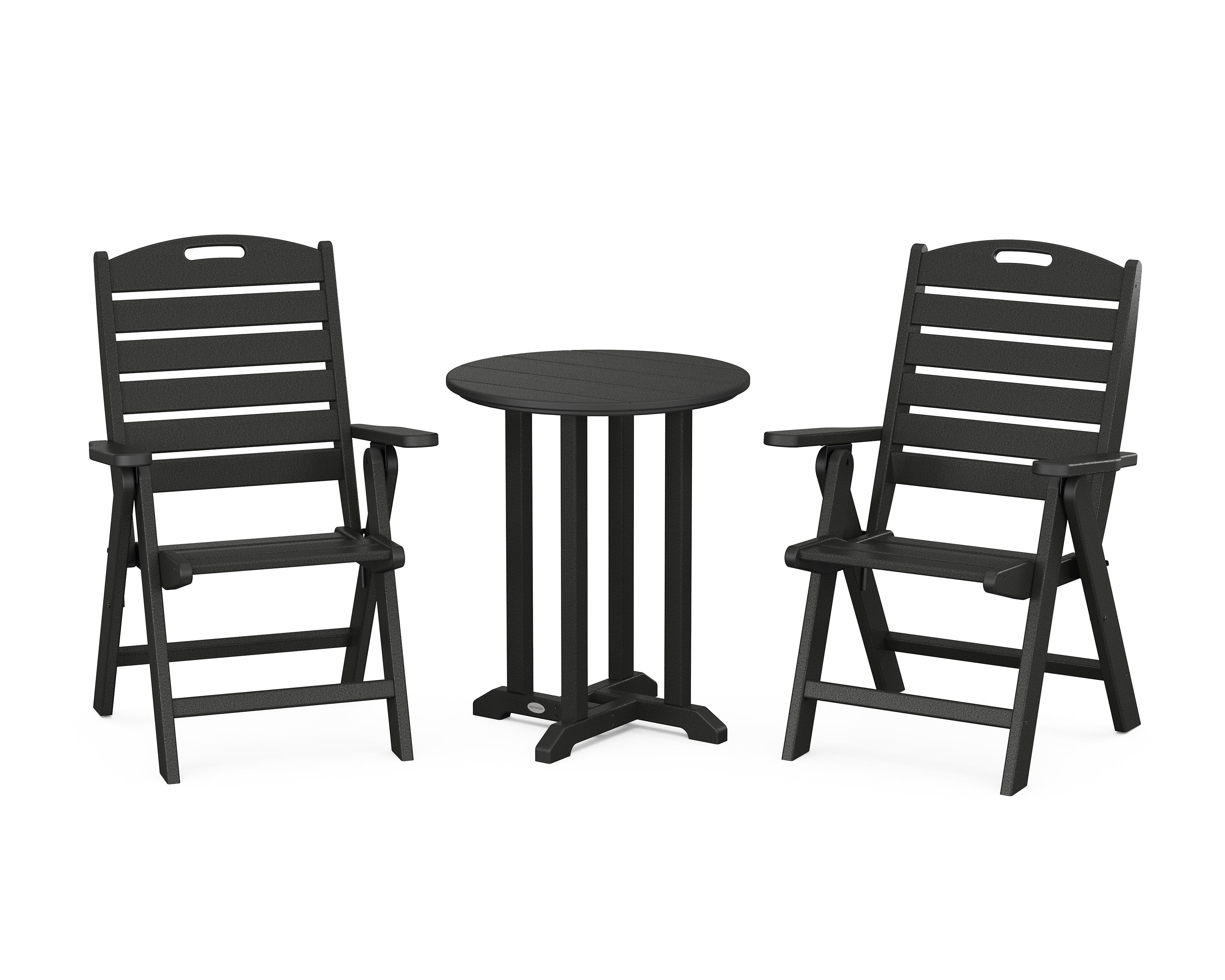 POLYWOOD Nautical Folding Highback Chair 3-Piece Round Bistro Dining Set in Black