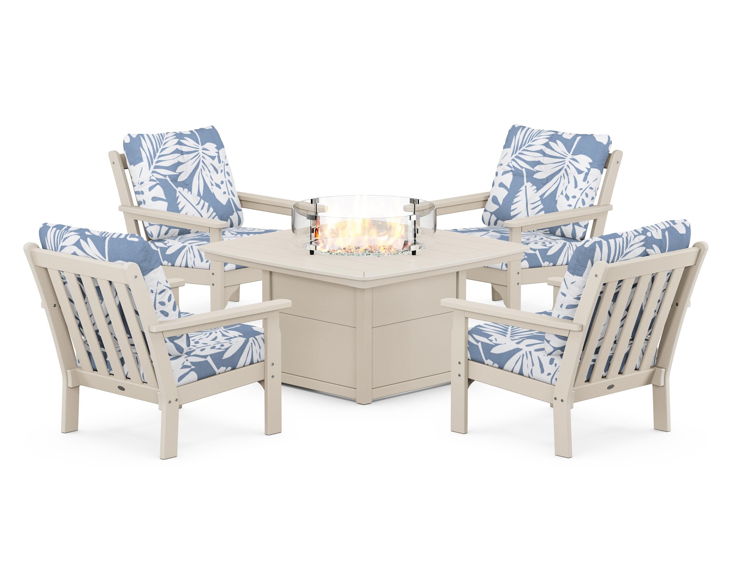 POLYWOOD Vineyard 5-Piece Conversation Set with Fire Pit Table in Sand / Leaf Sky Blue
