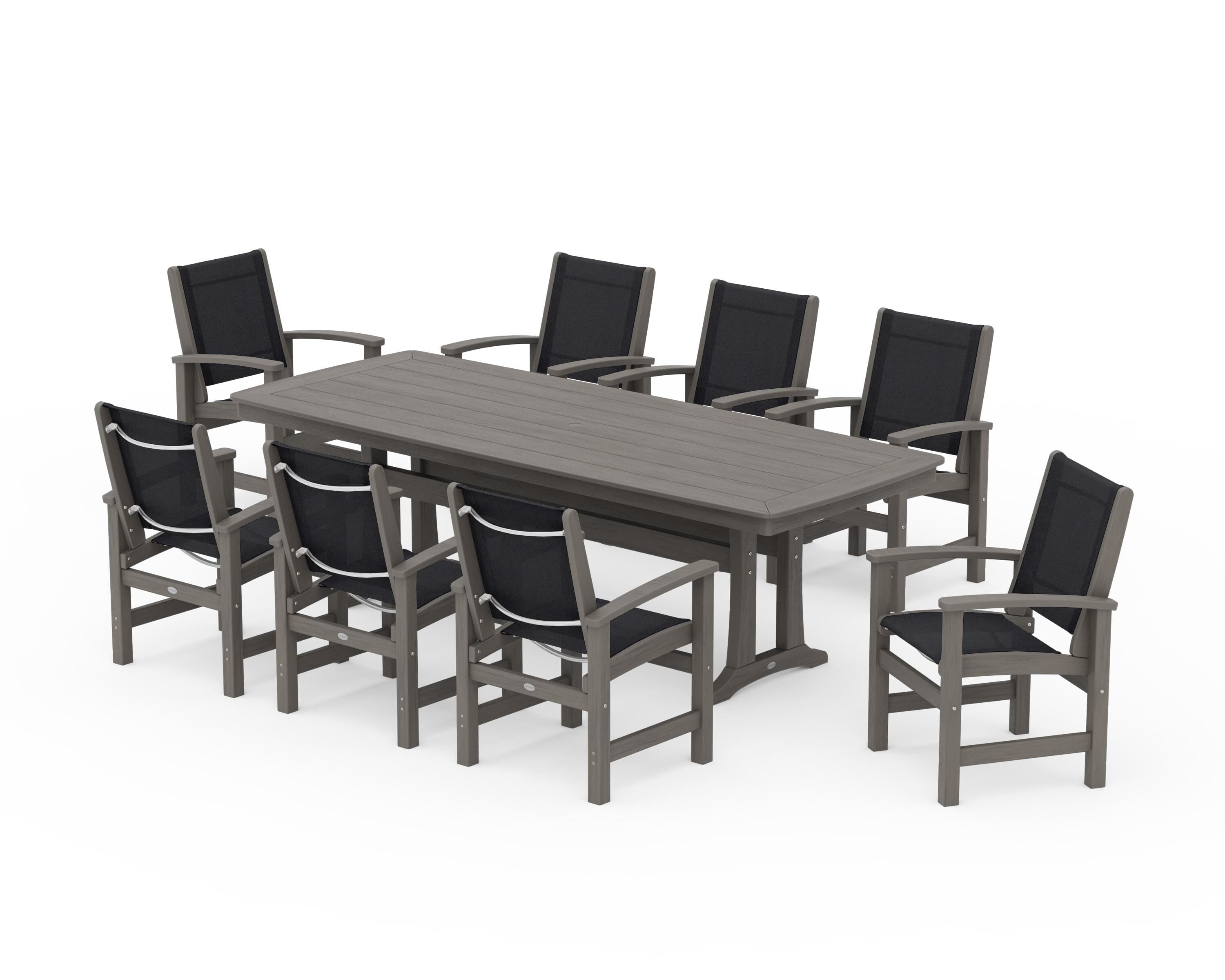 POLYWOOD Coastal 9-Piece Dining Set with Trestle Legs in Driftwood / Black Sling