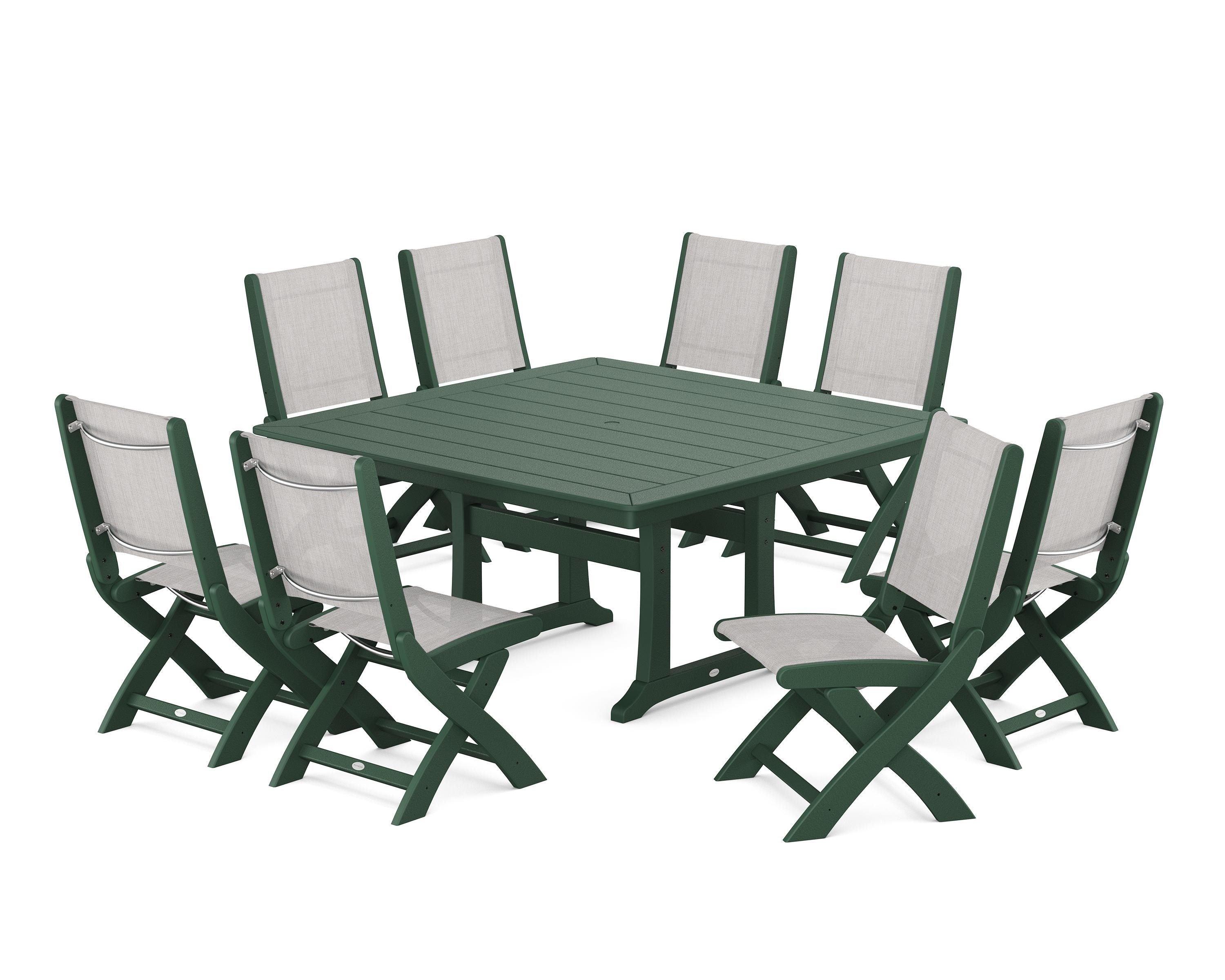 POLYWOOD Coastal Folding Side Chair 9-Piece Dining Set with Trestle Legs in Green / Parchment Sling