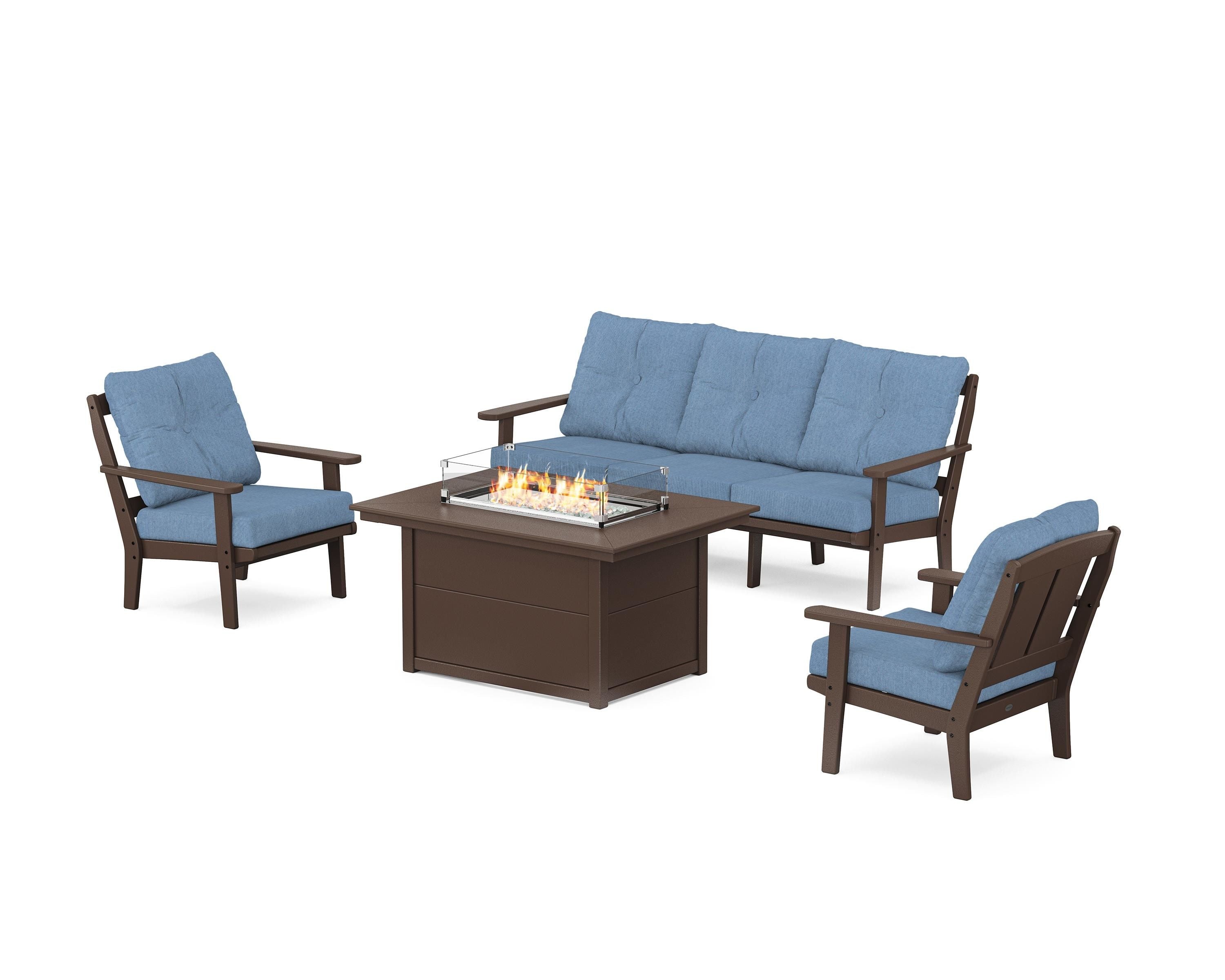 POLYWOOD Mission Deep Seating Fire Pit Table Set in Mahogany / Sky Blue