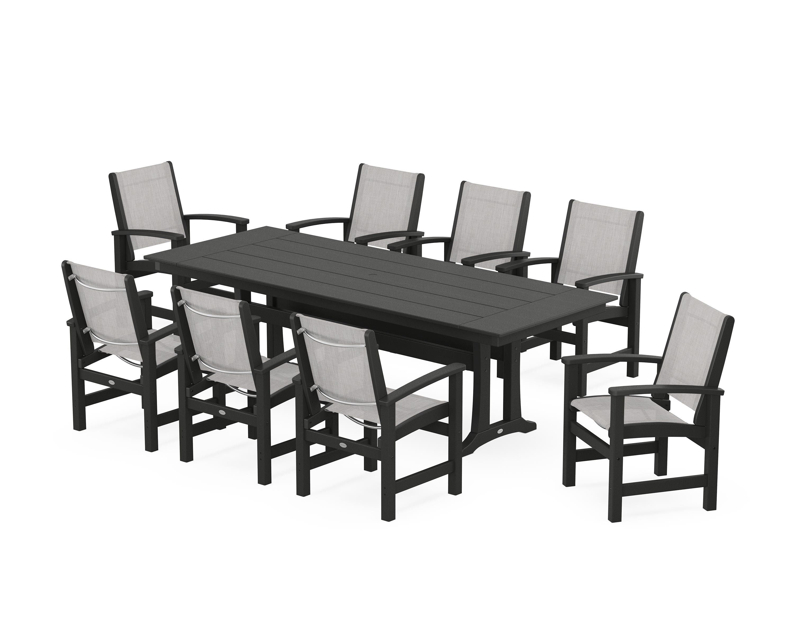 POLYWOOD Coastal 9-Piece Farmhouse Dining Set with Trestle Legs in Black / Parchment Sling