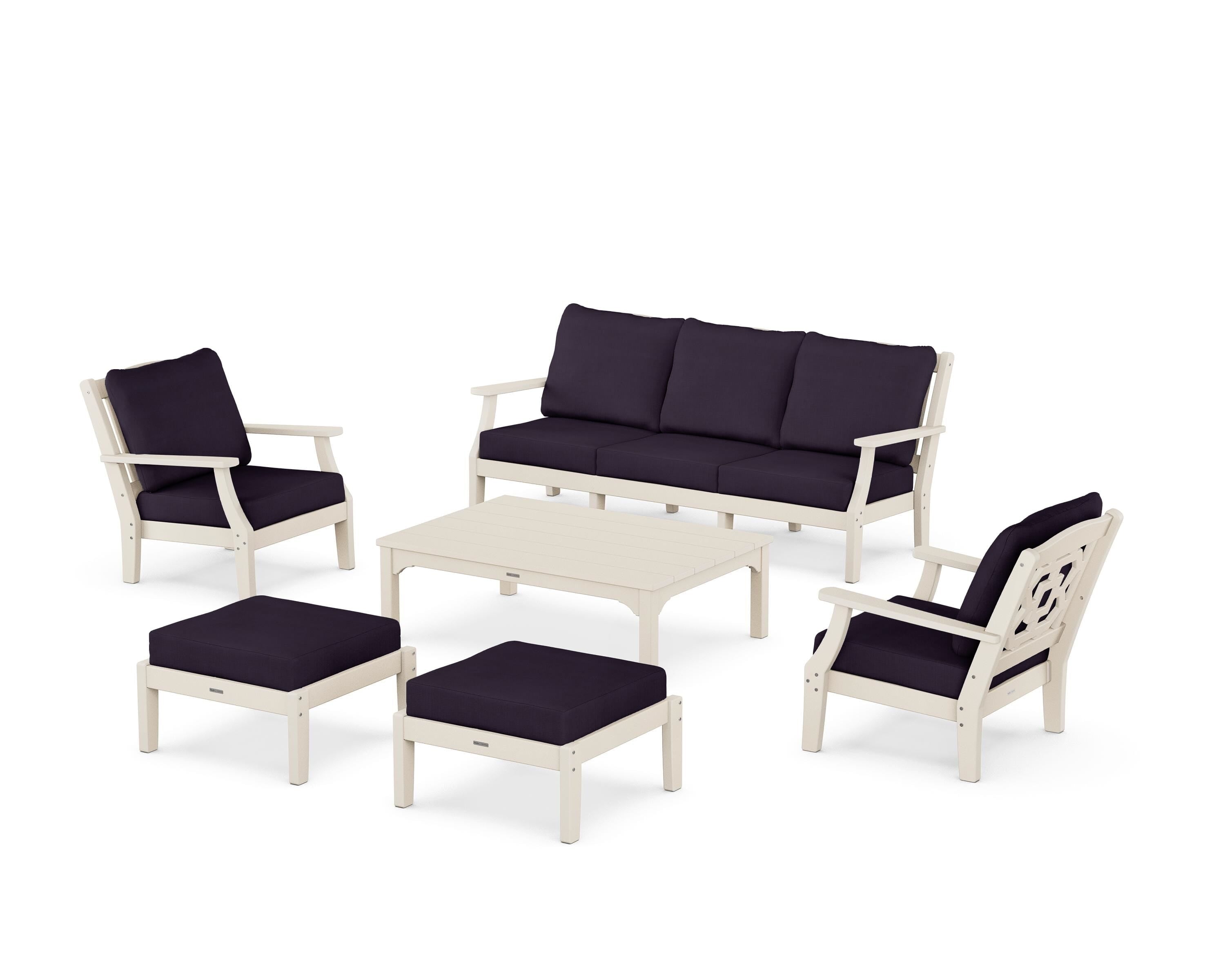 Martha Stewart by POLYWOOD Chinoiserie 6-Piece Lounge Sofa Set in Sand / Navy Linen