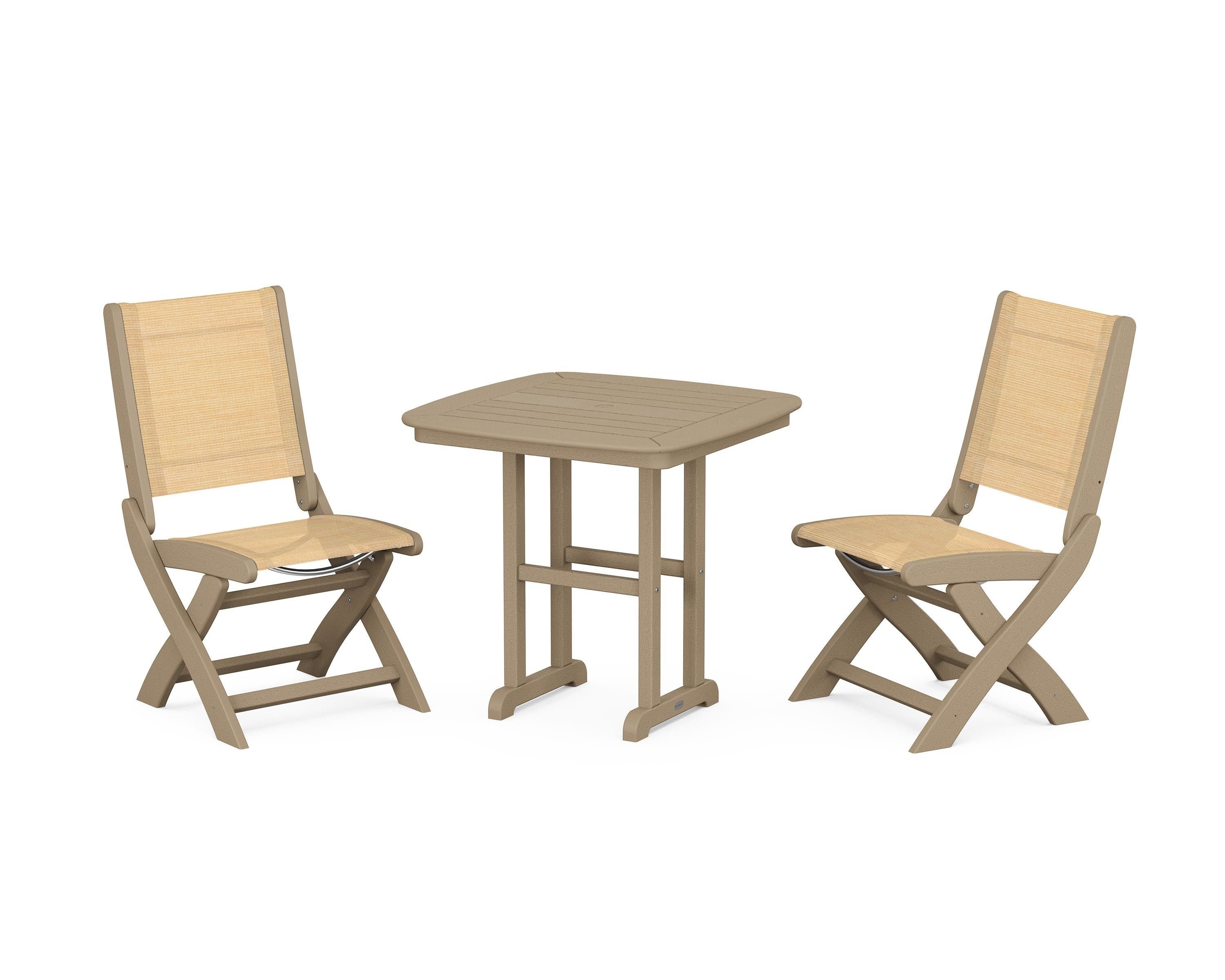 POLYWOOD Coastal Folding Side Chair 3-Piece Dining Set in Vintage Sahara / Dupioni Apricot Sling