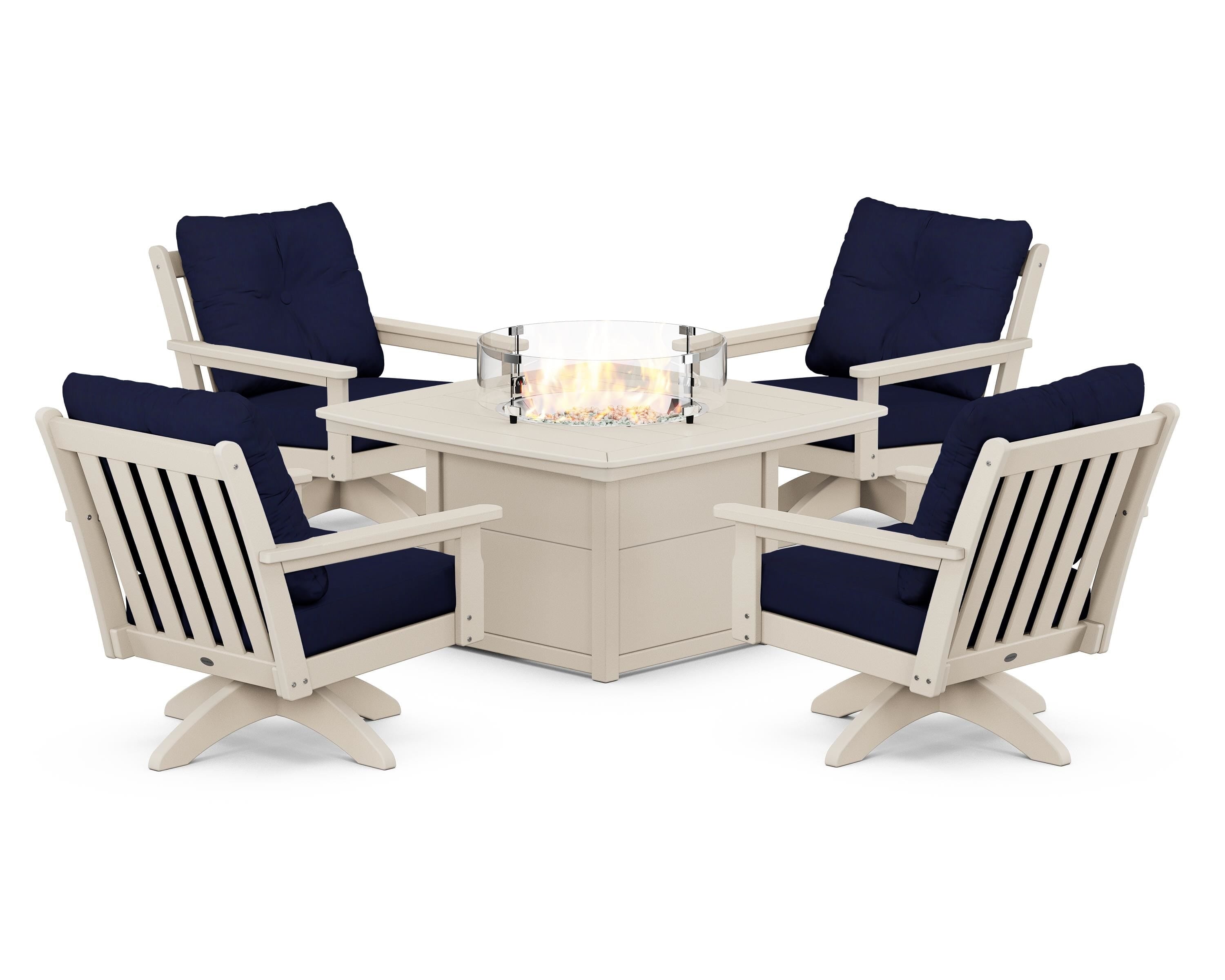 POLYWOOD Vineyard 5-Piece Deep Seating Swivel Conversation Set with Fire Pit Table in Sand / Navy