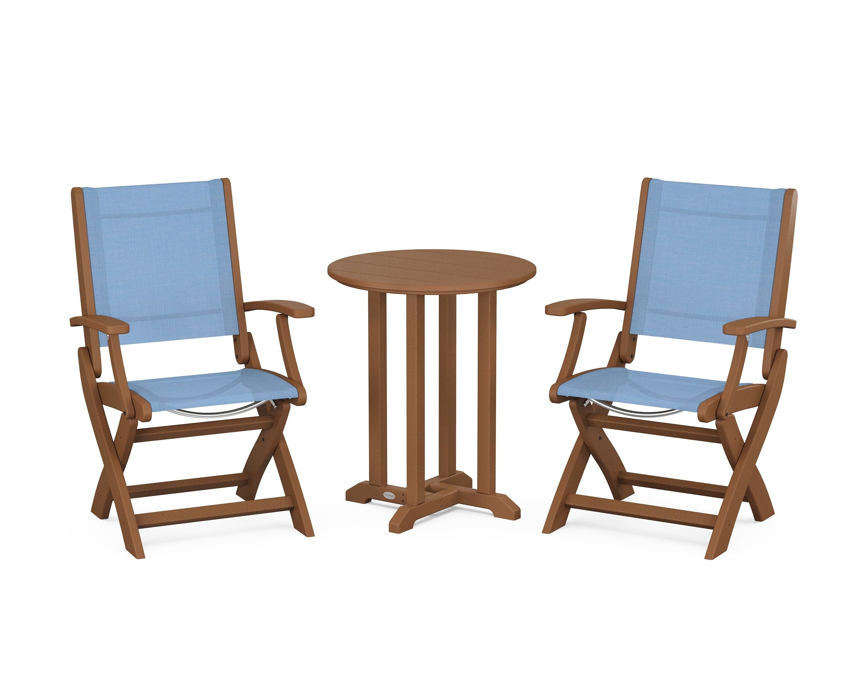 POLYWOOD Coastal Folding 3-Piece Round Bistro Dining Set in Teak / Poolside Sling