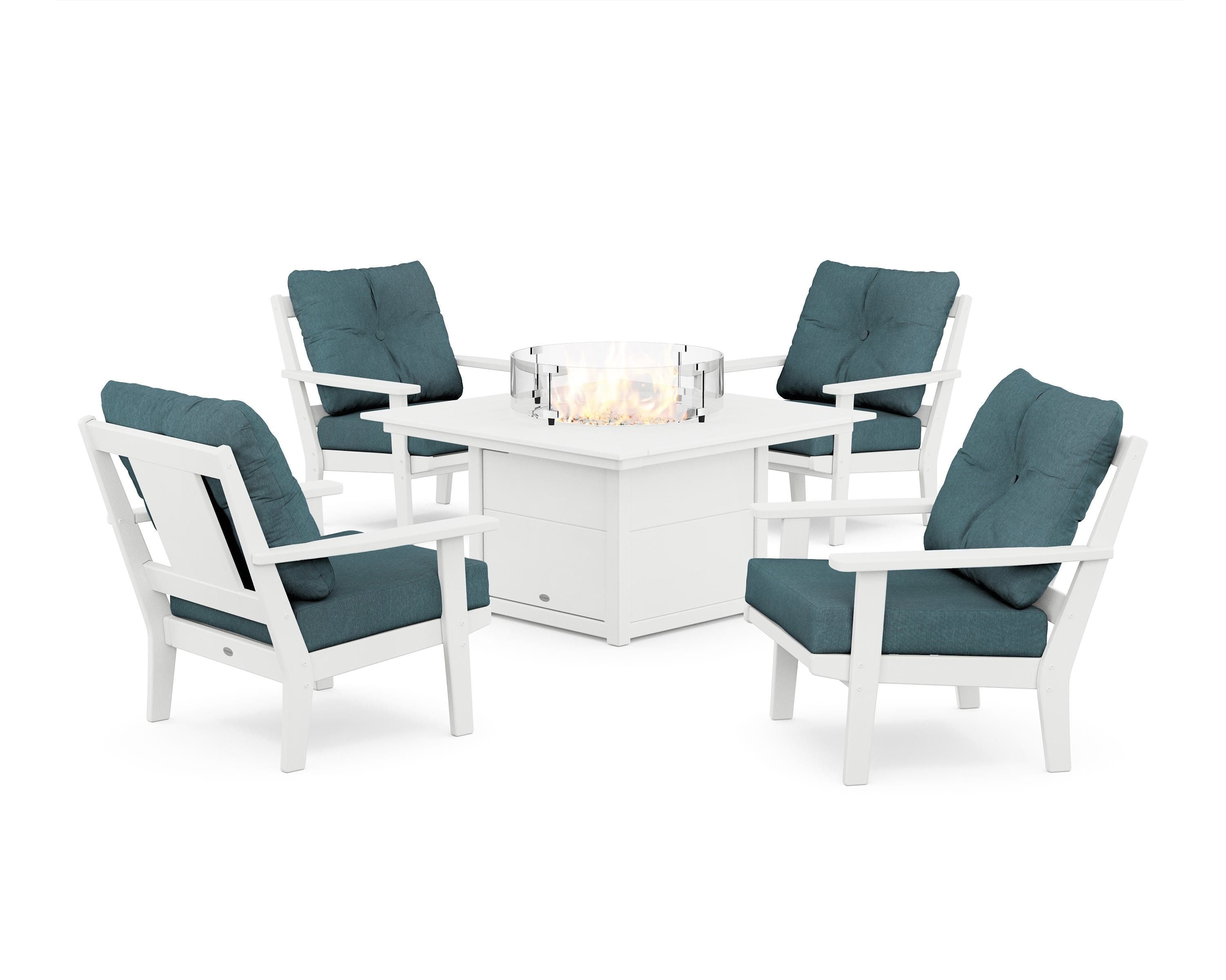 POLYWOOD Prairie 5-Piece Deep Seating Set with Fire Pit Table in White / Ocean Teal