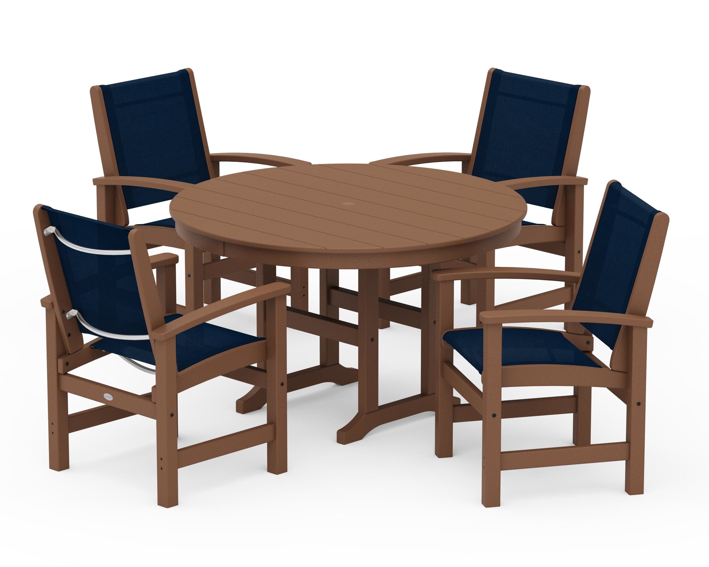 POLYWOOD Coastal 5-Piece Round Farmhouse Dining Set in Teak / Navy Blue Sling