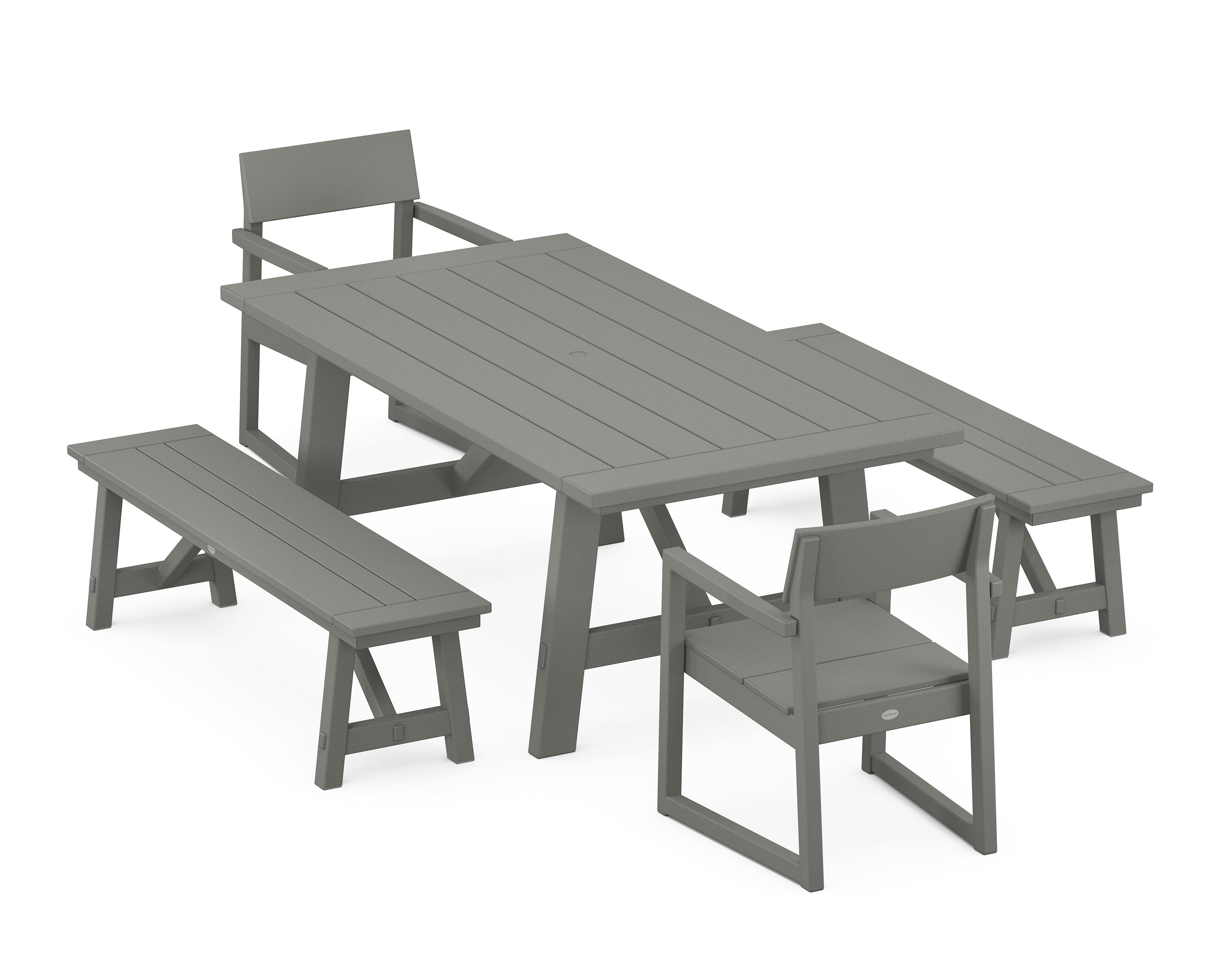 POLYWOOD® EDGE 5-Piece Rustic Farmhouse Dining Set With Benches in Slate Grey