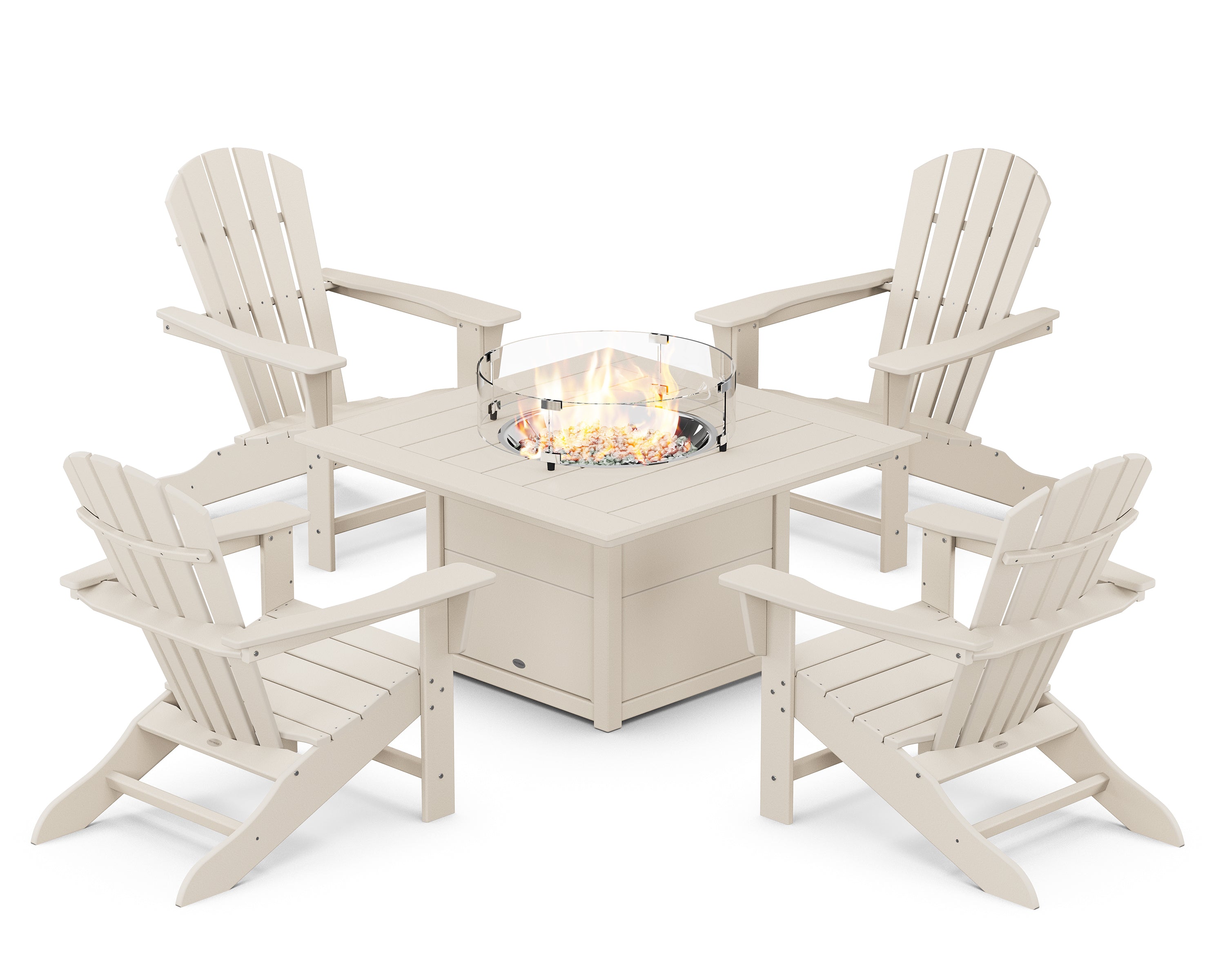 POLYWOOD® Palm Coast 5-Piece Adirondack Chair Conversation Set with Fire Pit Table in Sand