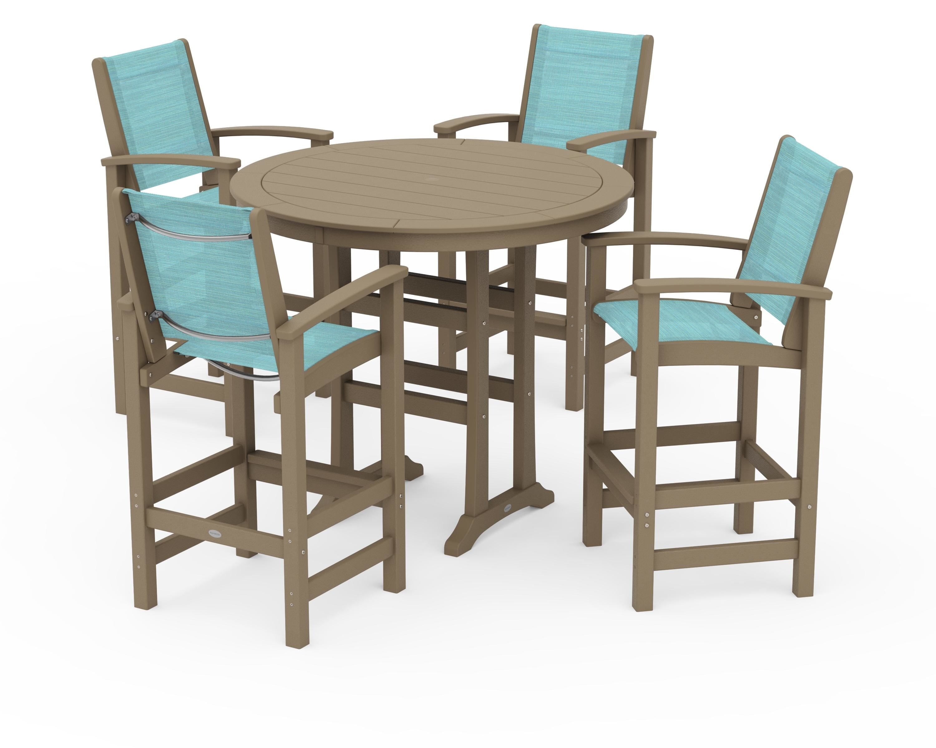 POLYWOOD Coastal 5-Piece Nautical Trestle Bar Set in Vintage Sahara / Dupioni Aquamarine Sling