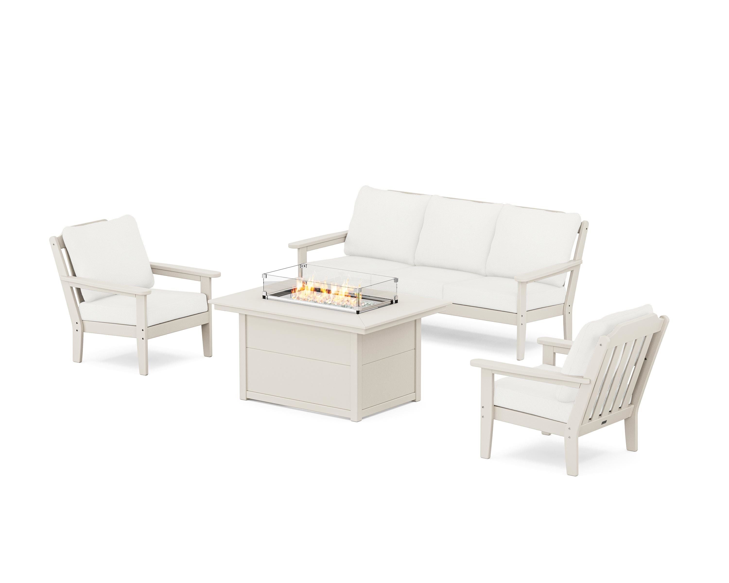 Country Living Cottage Deep Seating Fire Pit Table Set in Sand / Natural Linen