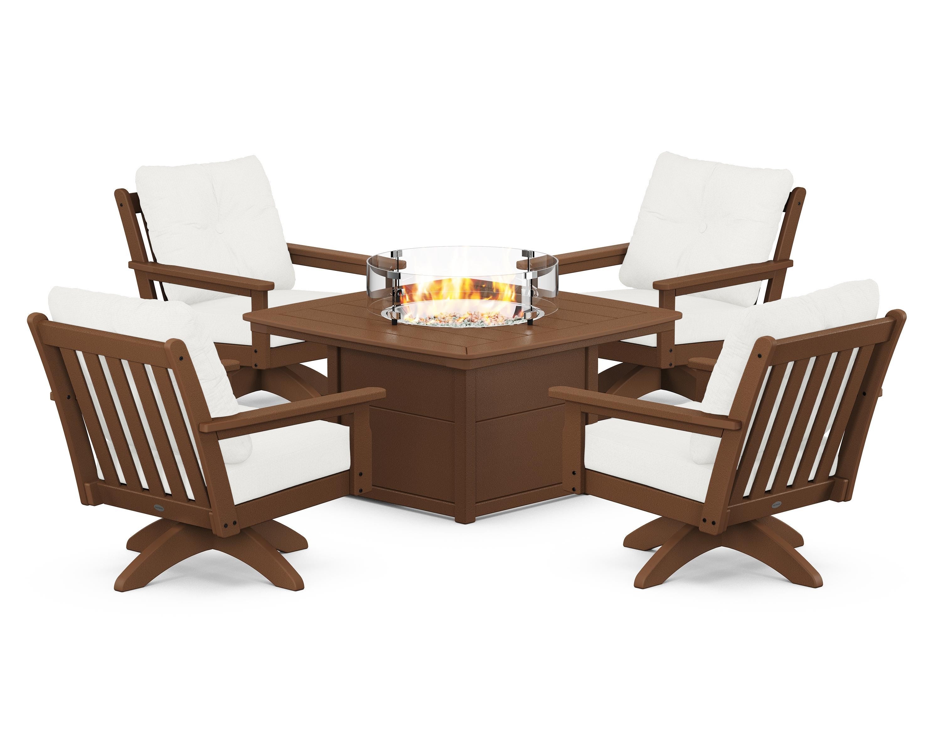 POLYWOOD Vineyard 5-Piece Deep Seating Swivel Conversation Set with Fire Pit Table in Teak / Natural Linen