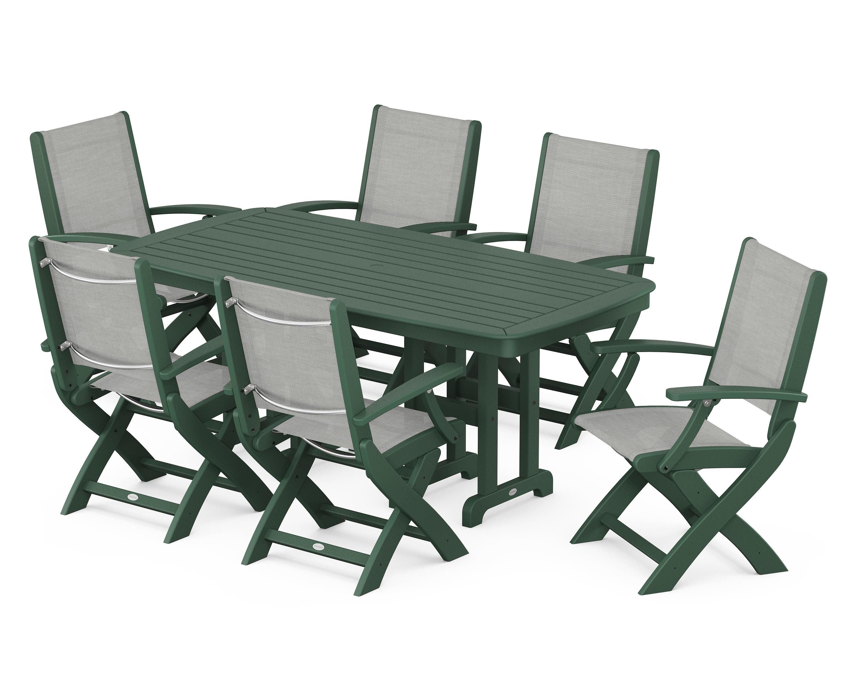POLYWOOD Coastal Folding Arm Chair 7-Piece Dining Set in Green / Metallic Sling
