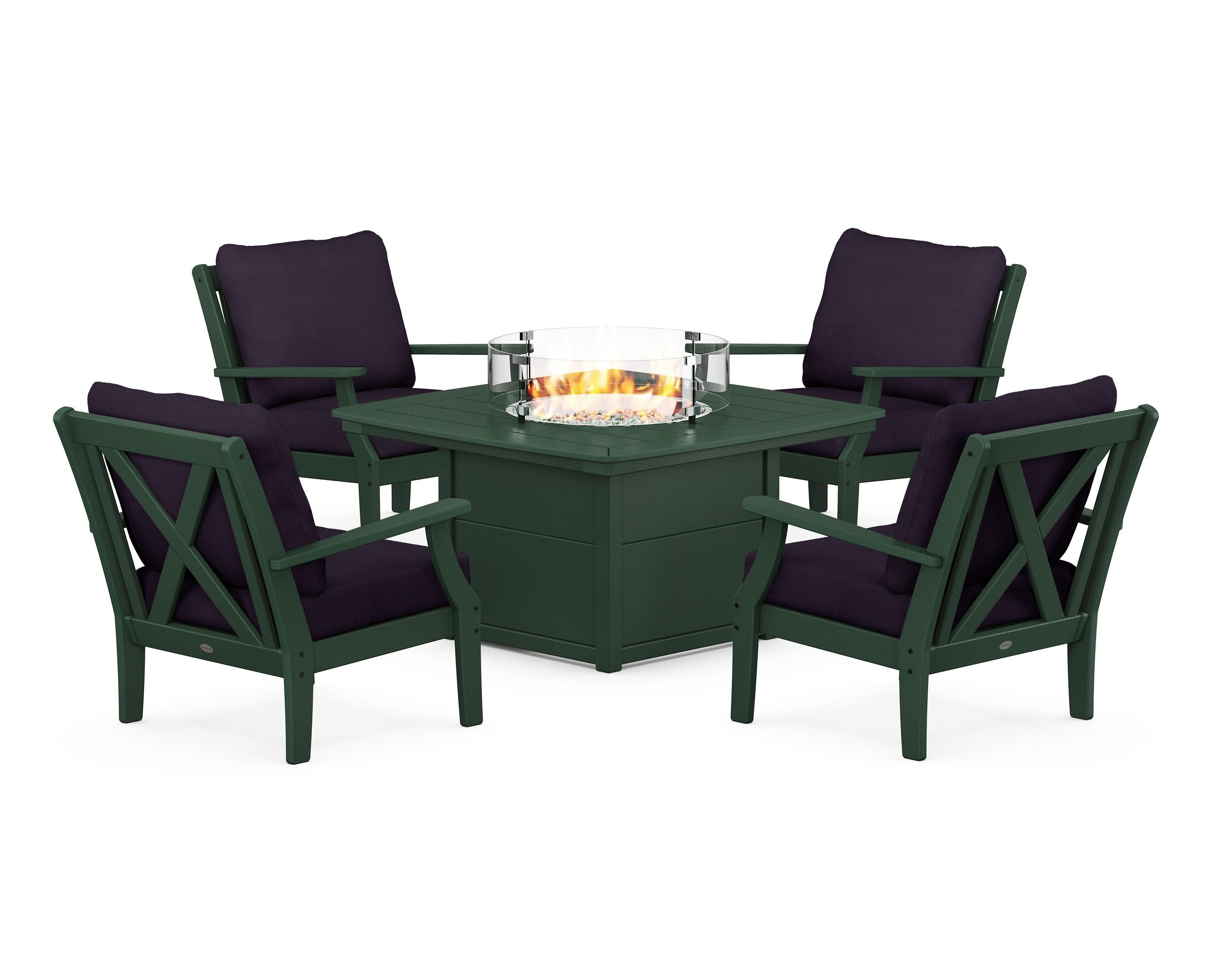POLYWOOD Braxton 5-Piece Deep Seating Conversation Set with Fire Pit Table in Green / Navy Linen