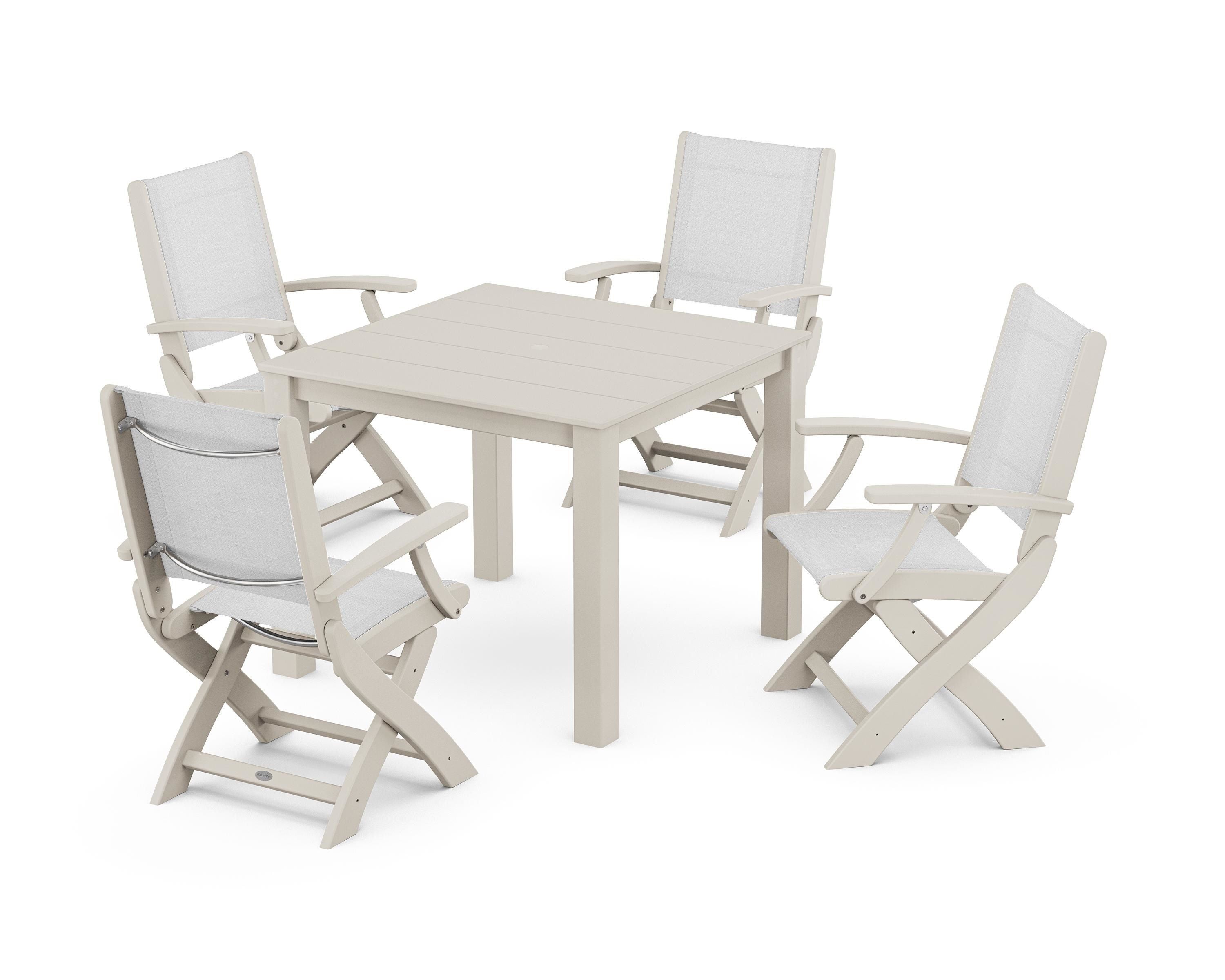 POLYWOOD Coastal Folding Chair 5-Piece Parsons Dining Set in Sand / White Sling