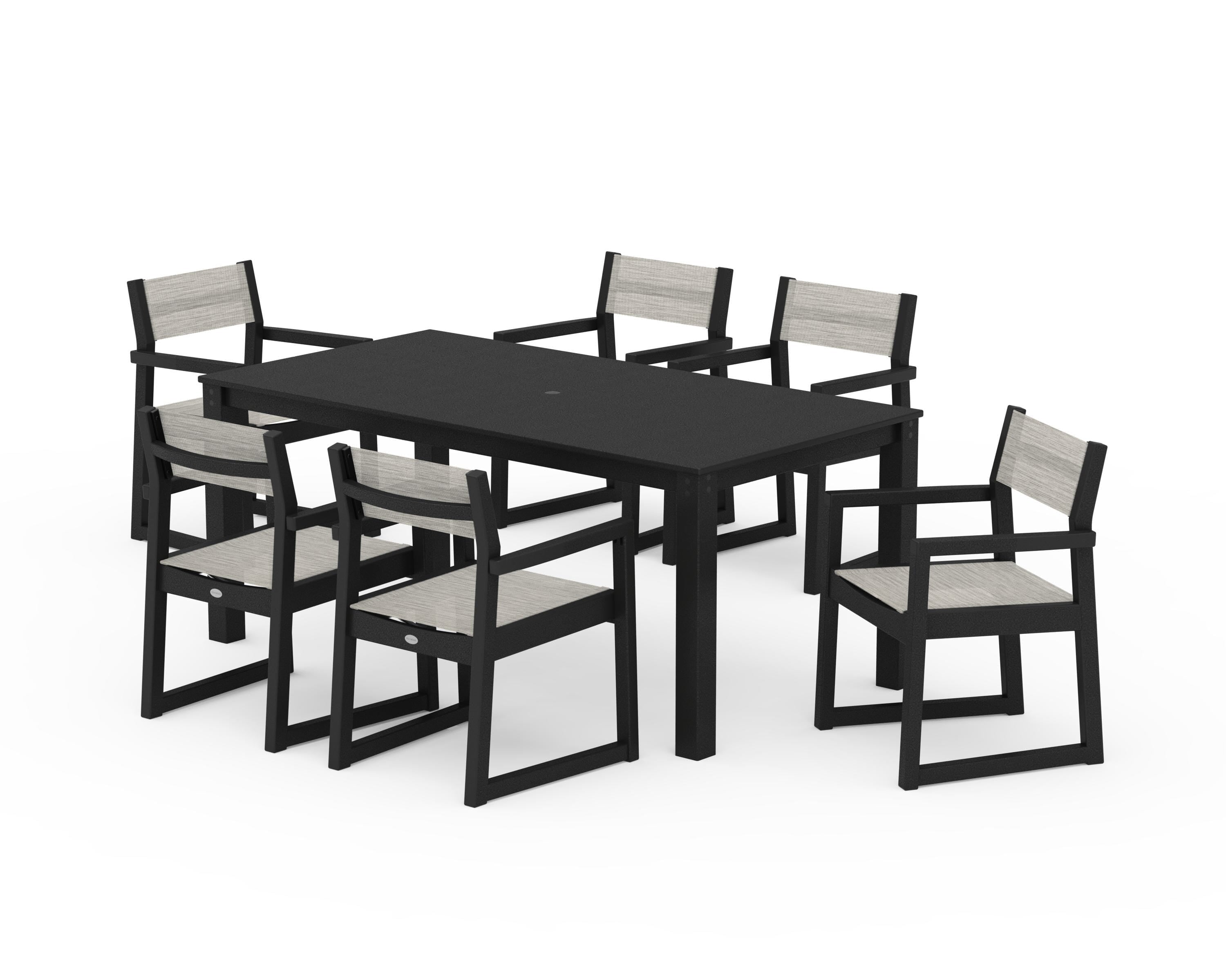 POLYWOOD EDGE Sling Arm Chair 7-Piece Parsons Dining Set in Black / Birch Sling