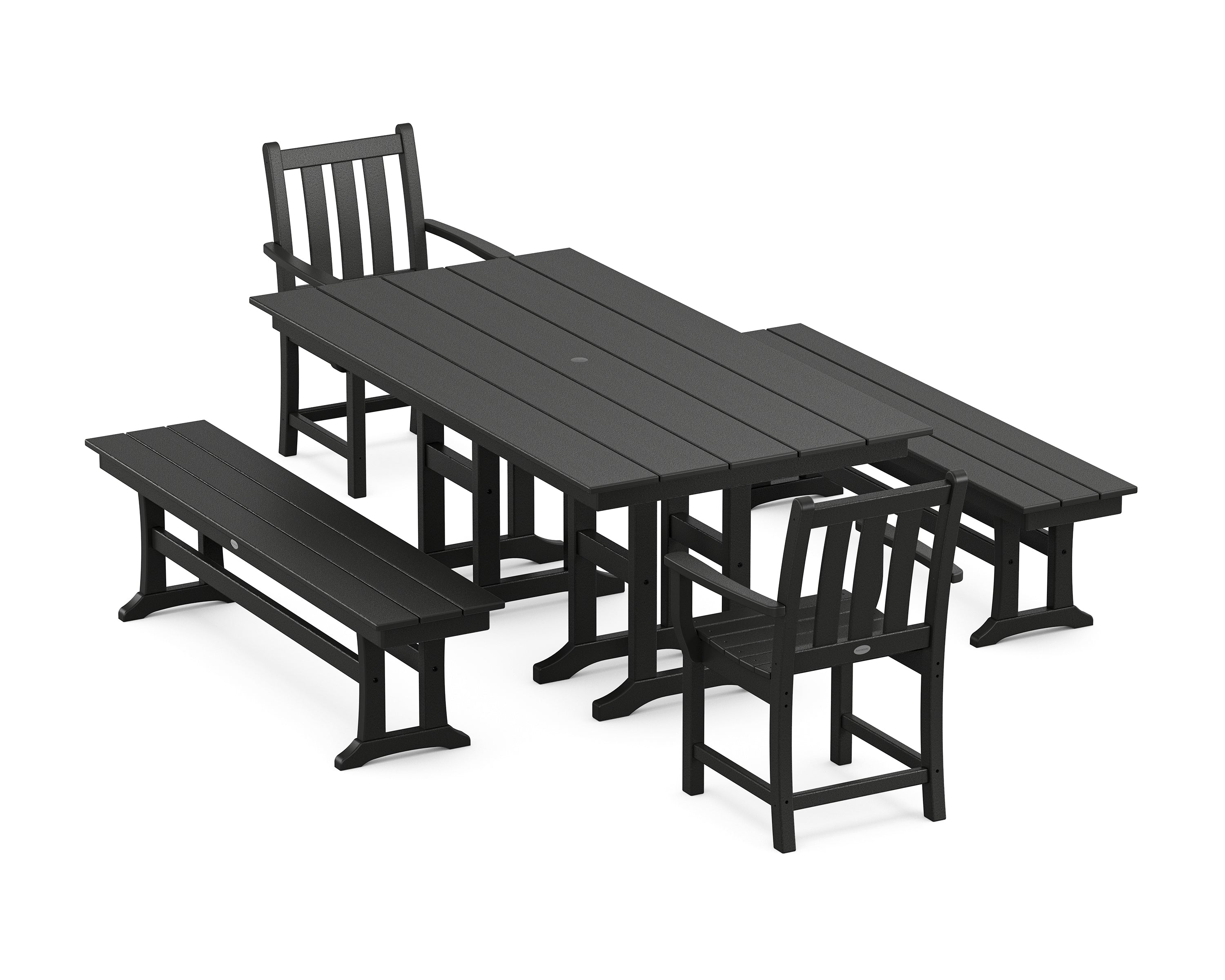 POLYWOOD® Traditional Garden 5-Piece Farmhouse Dining Set with Benches in Black