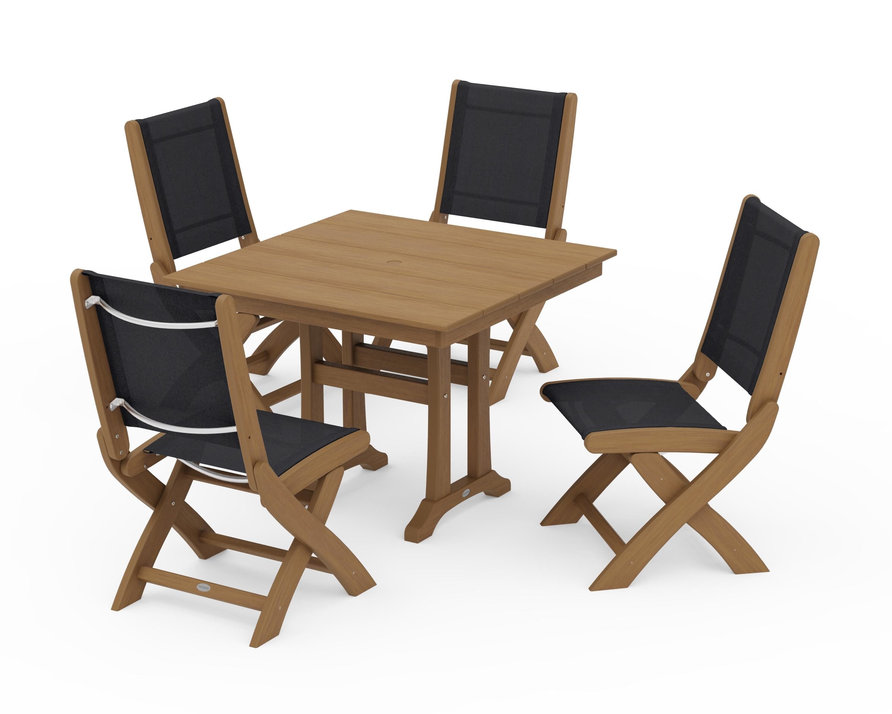 POLYWOOD Coastal Folding Side Chair 5-Piece Farmhouse Dining Set With Trestle Legs in Natural / Black Sling