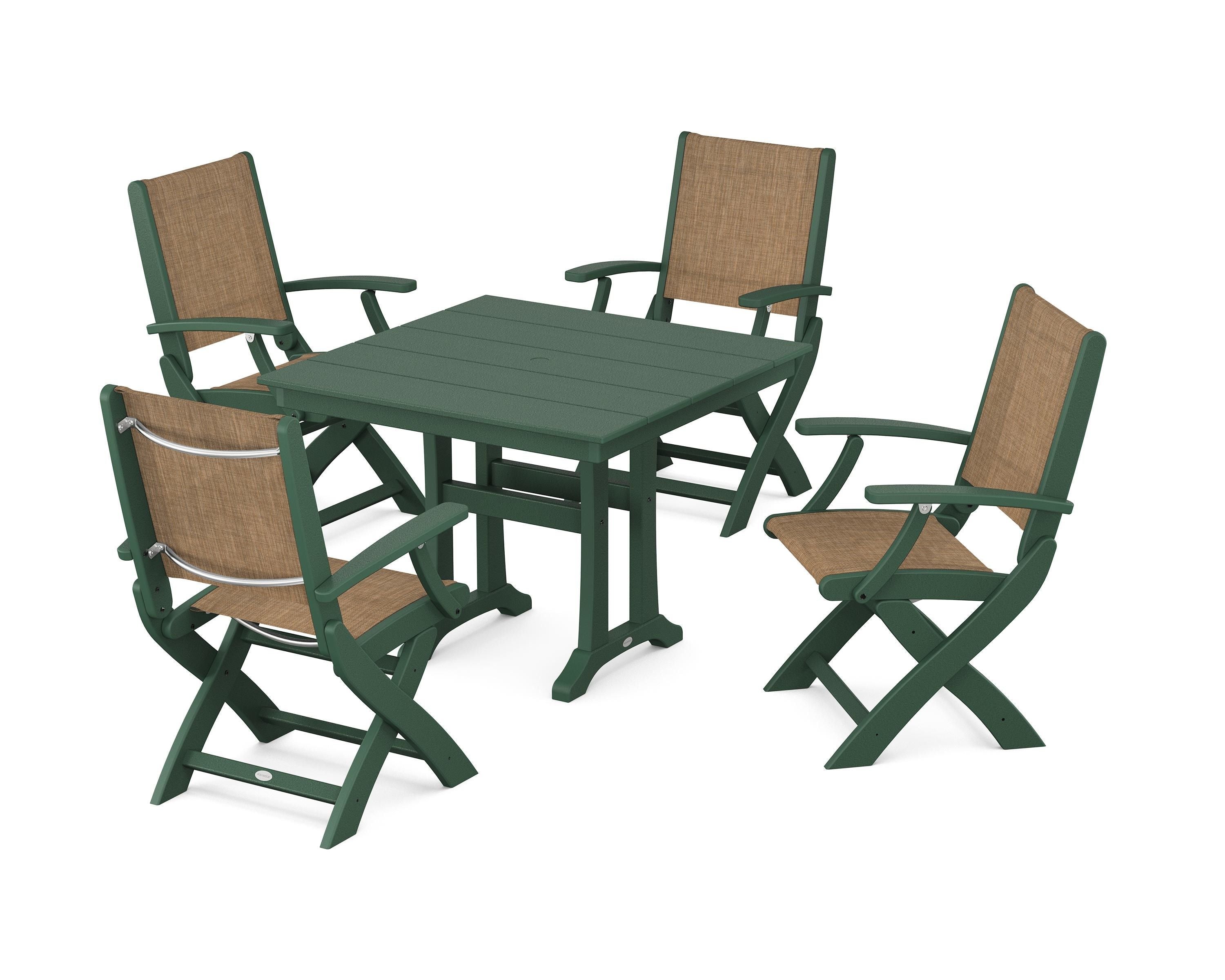 POLYWOOD Coastal Folding Chair 5-Piece Farmhouse Dining Set With Trestle Legs in Green / Burlap Sling