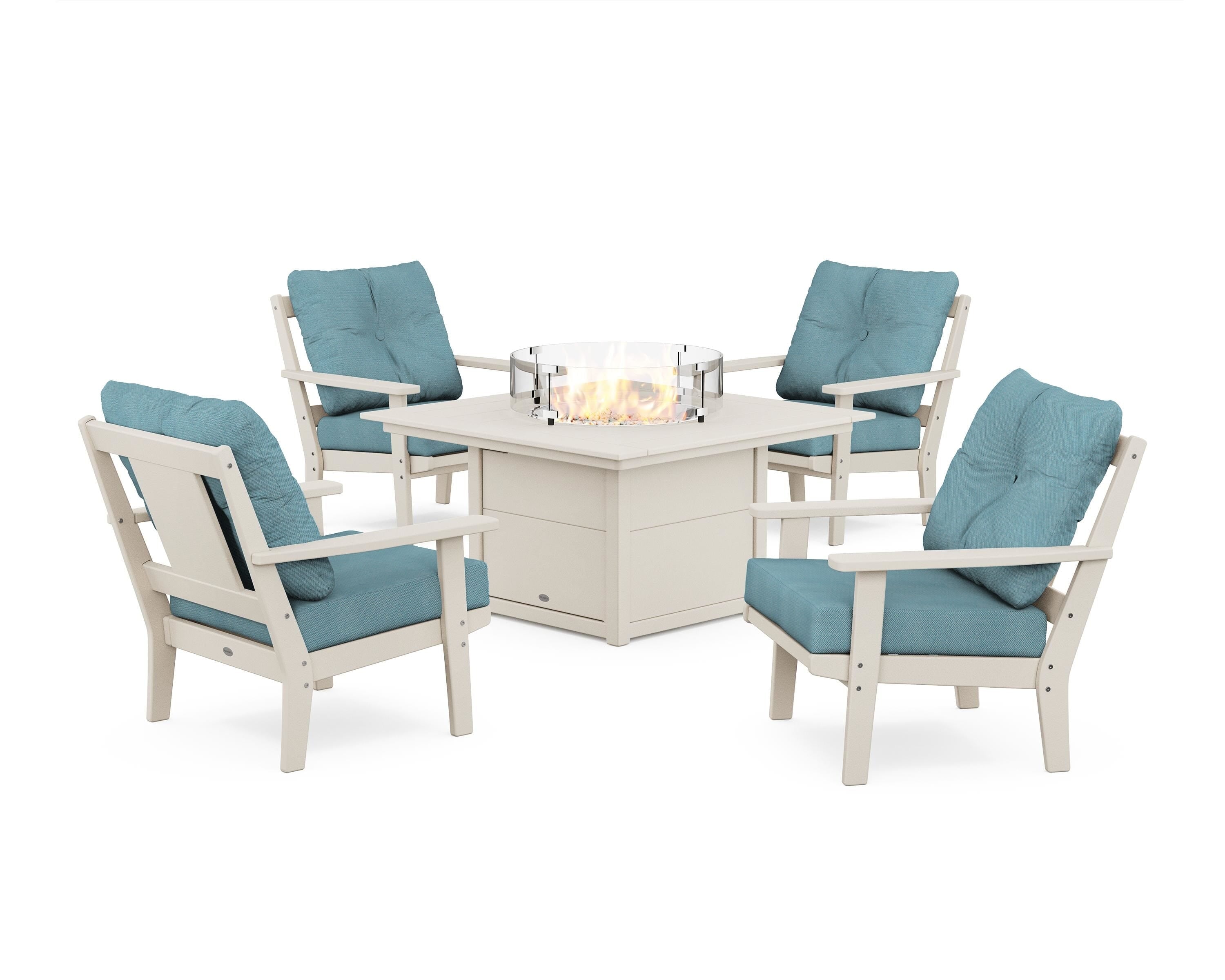 POLYWOOD Prairie 5-Piece Deep Seating Set with Fire Pit Table in Sand / Lattice Sky Blue