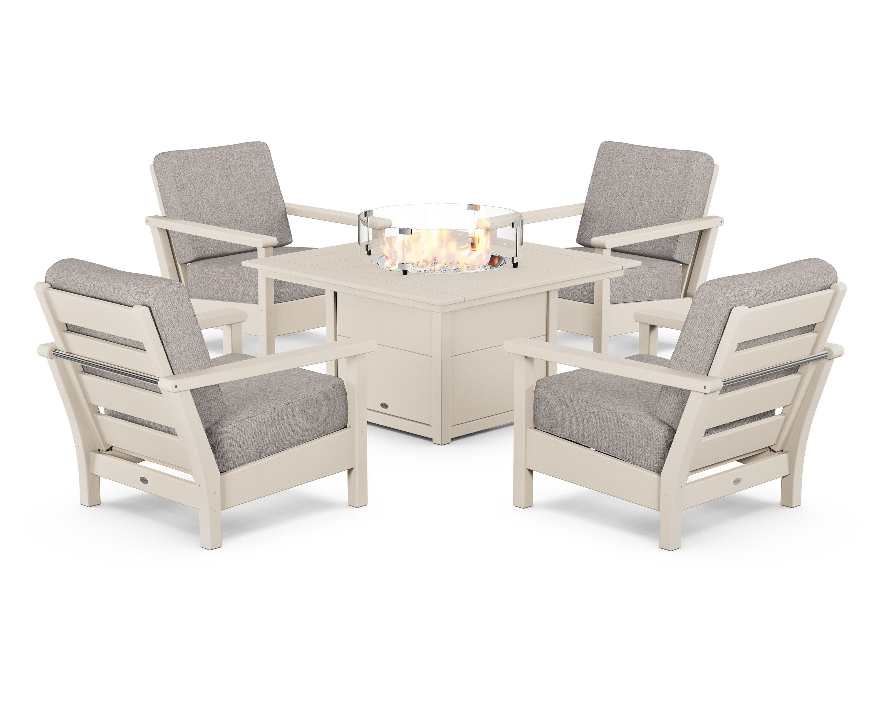 POLYWOOD Harbour 5-Piece Conversation Set with Fire Pit Table in Sand / Weathered Tweed