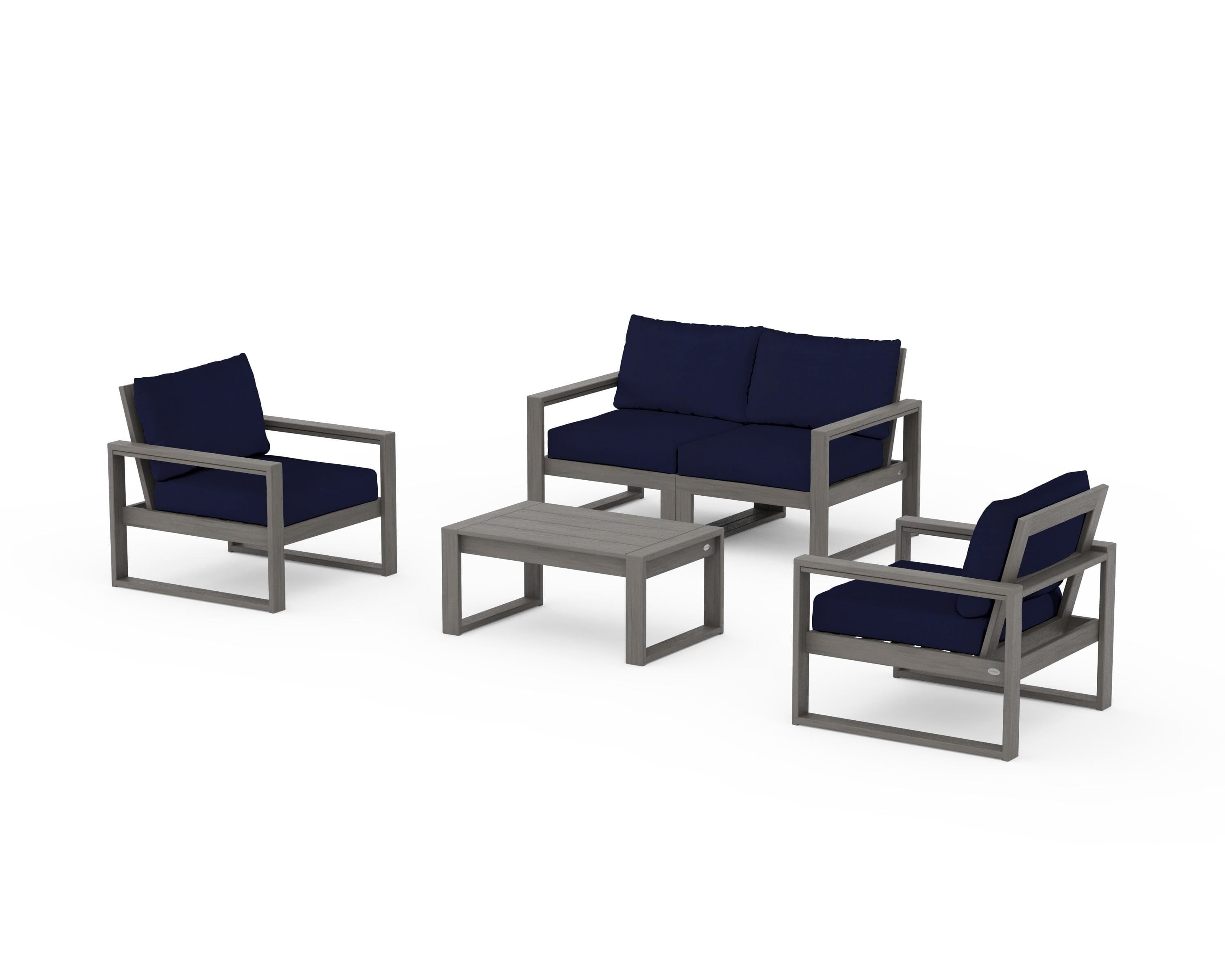 POLYWOOD EDGE Sectional 4-Piece Deep Seating Set with Loveseat in Driftwood / Navy