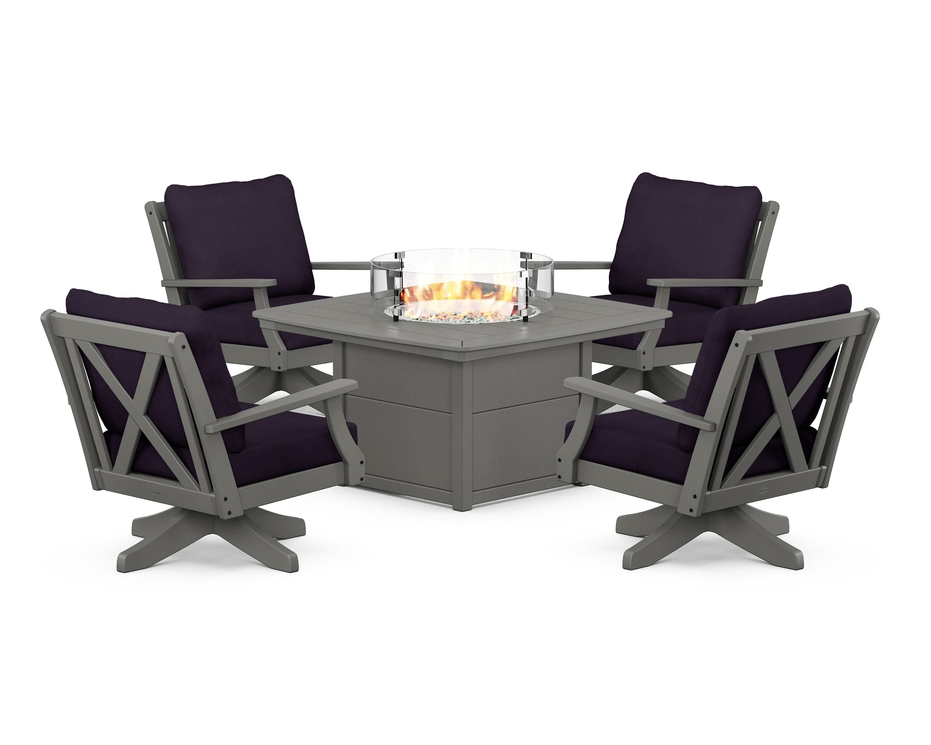 POLYWOOD Braxton 5-Piece Deep Seating Swivel Conversation Set with Fire Pit Table in Slate Grey / Navy Linen