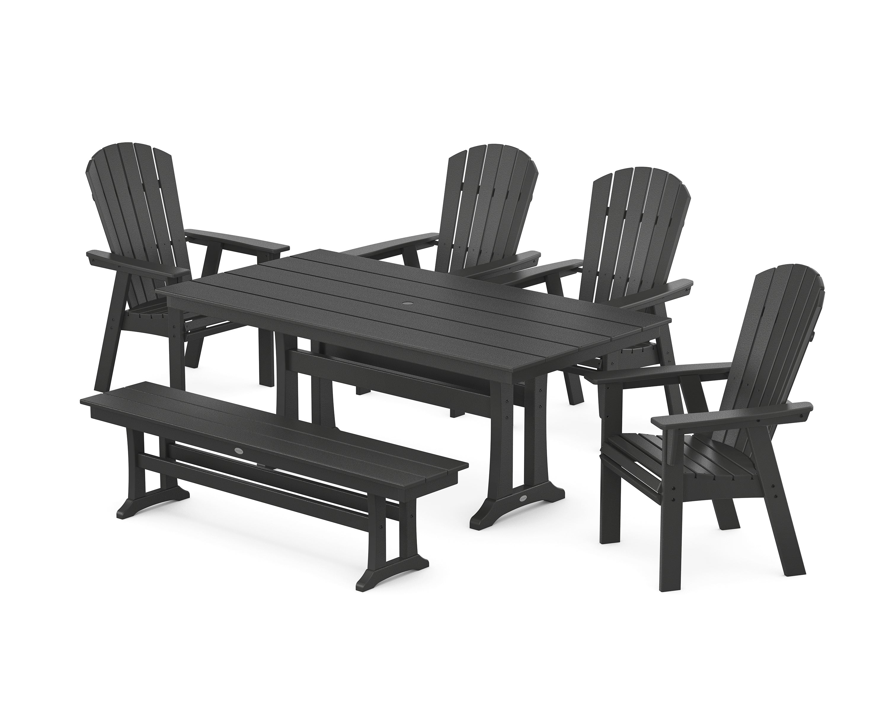 POLYWOOD Nautical Curveback Adirondack 6-Piece Farmhouse Dining Set with Trestle Legs and Bench in Black