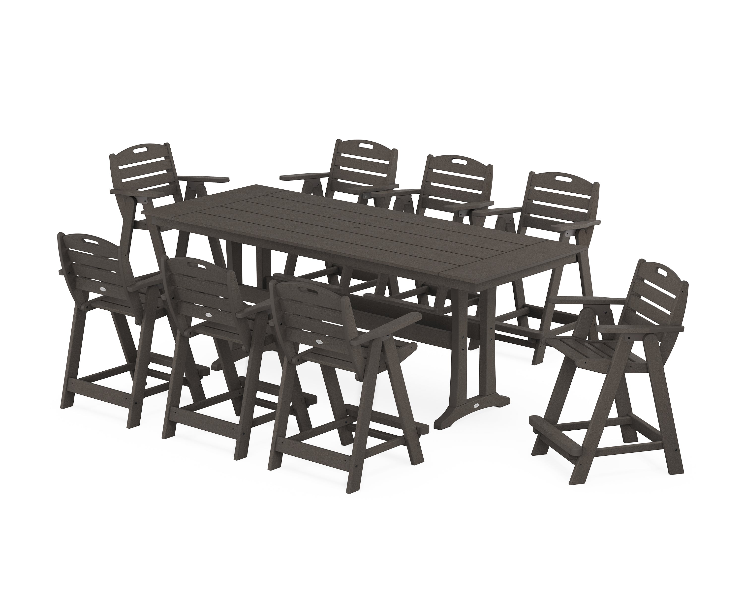 POLYWOOD® Nautical 9-Piece Farmhouse Counter Set with Trestle Legs in Vintage Coffee