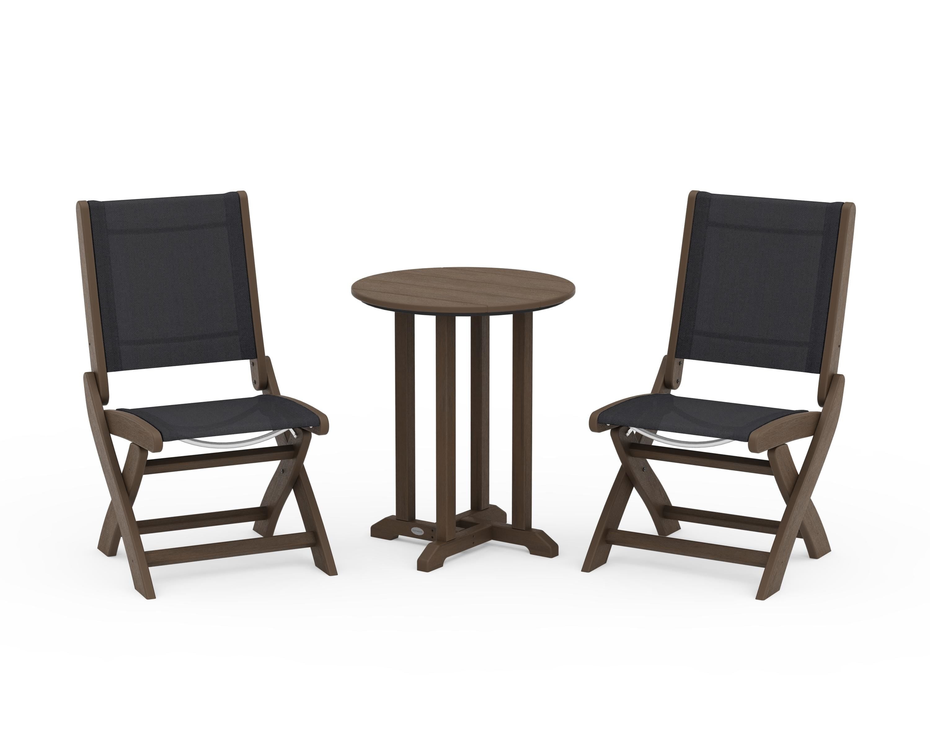 POLYWOOD Coastal Folding Side Chair 3-Piece Round Bistro Dining Set in Kona / Black Sling