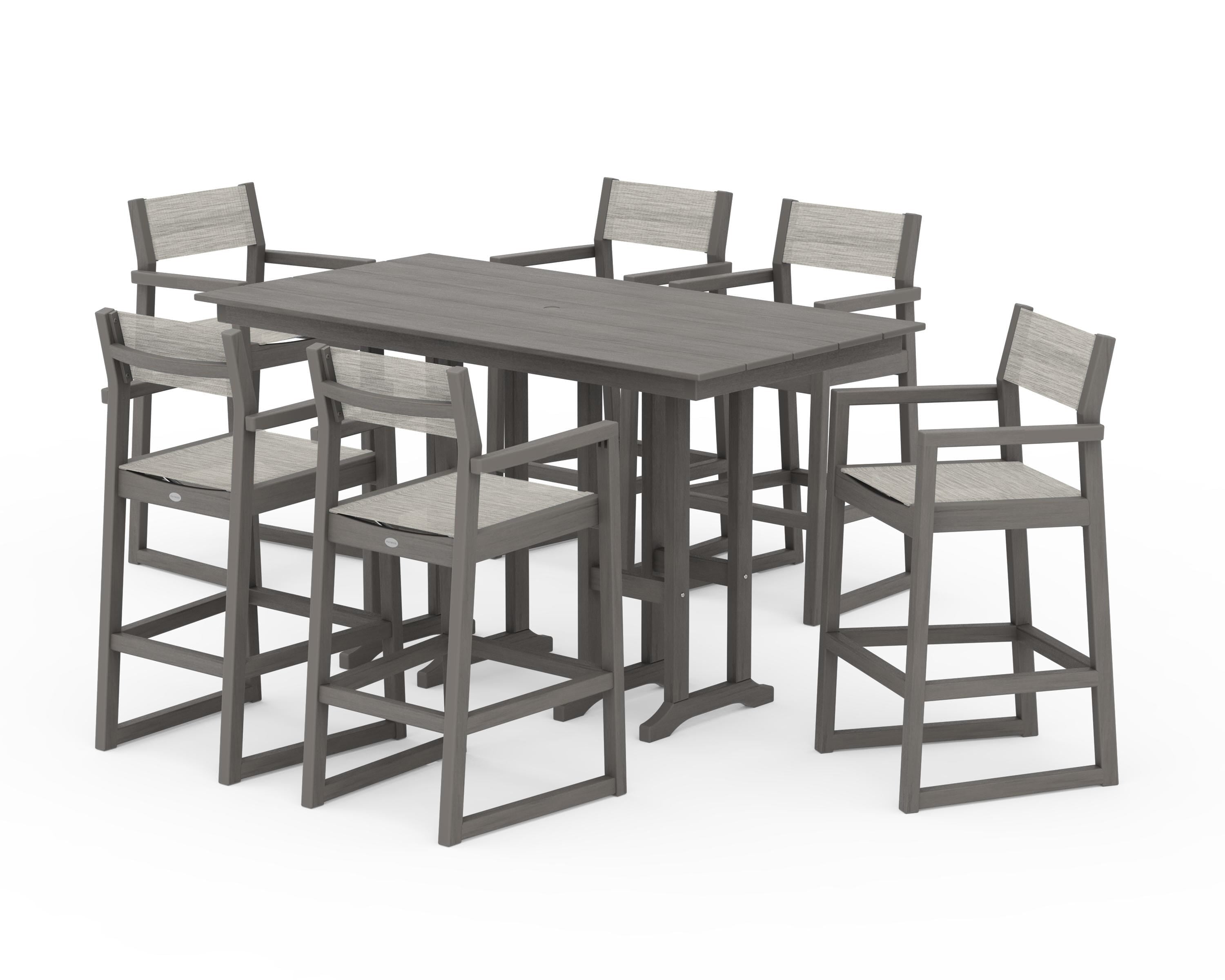 POLYWOOD EDGE Sling Arm Chair 7-Piece Farmhouse Bar Set in Driftwood / Birch Sling