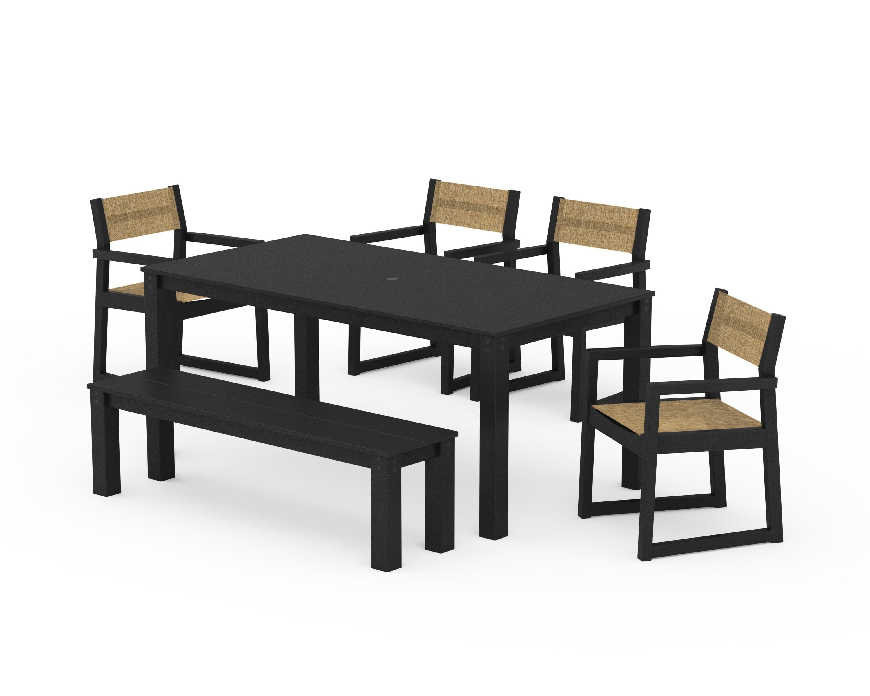 POLYWOOD EDGE Sling Arm Chair 6-Piece Parsons Dining Set with Bench in Black / Burlap Sling