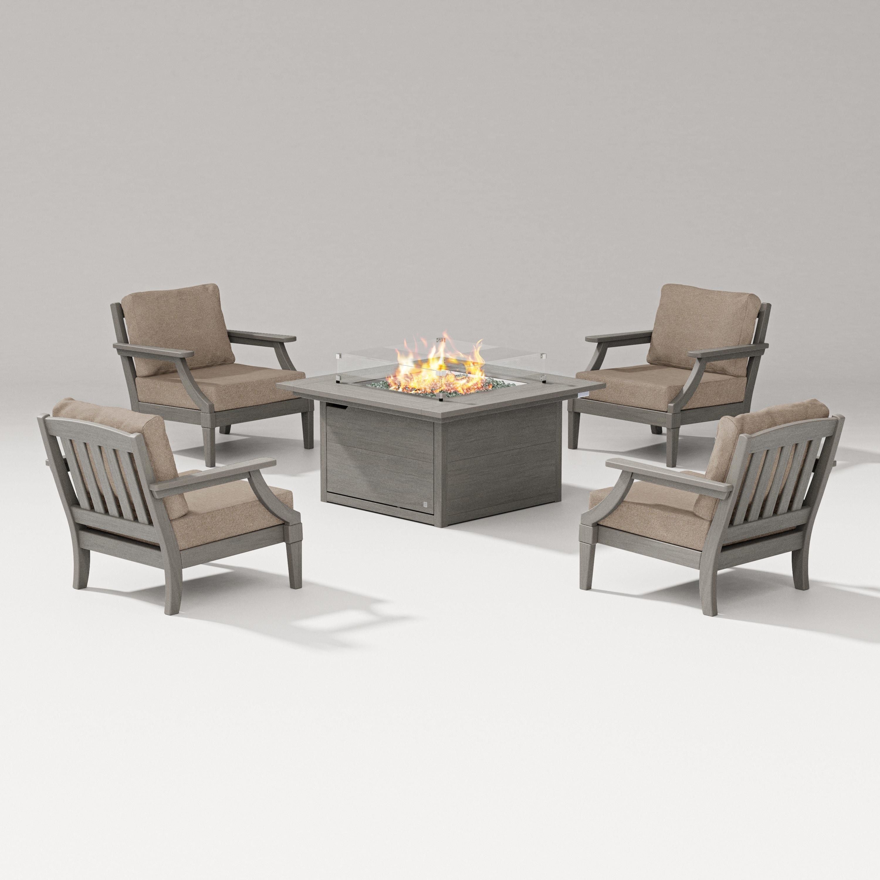 PW Designer Series Estate 5-Piece Lounge Fire Table Set in Driftwood / Spiced Burlap