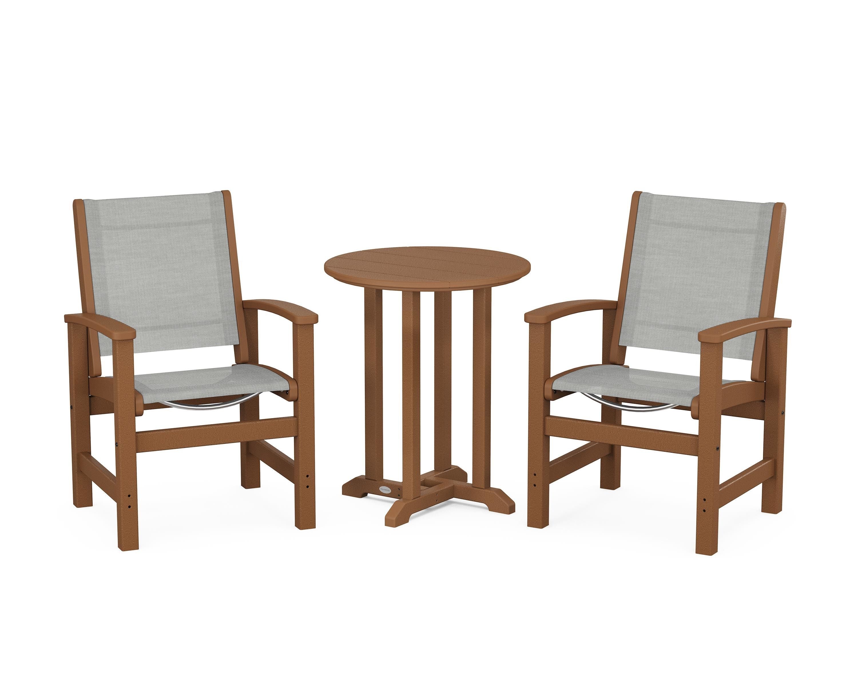 POLYWOOD Coastal 3-Piece Round Bistro Dining Set in Teak / Metallic Sling