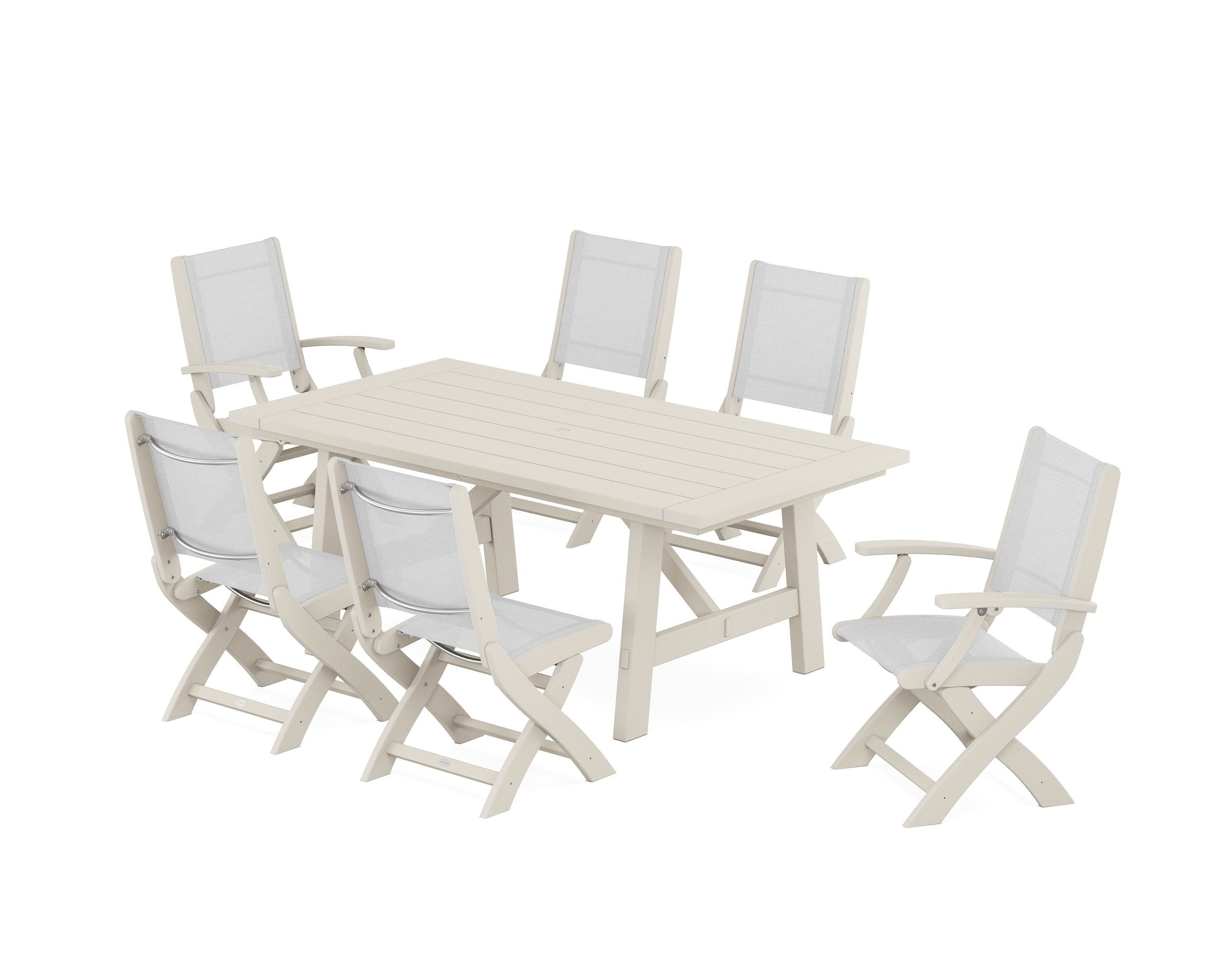 POLYWOOD Coastal Folding Chair 7-Piece Rustic Farmhouse Dining Set in Sand / White Sling