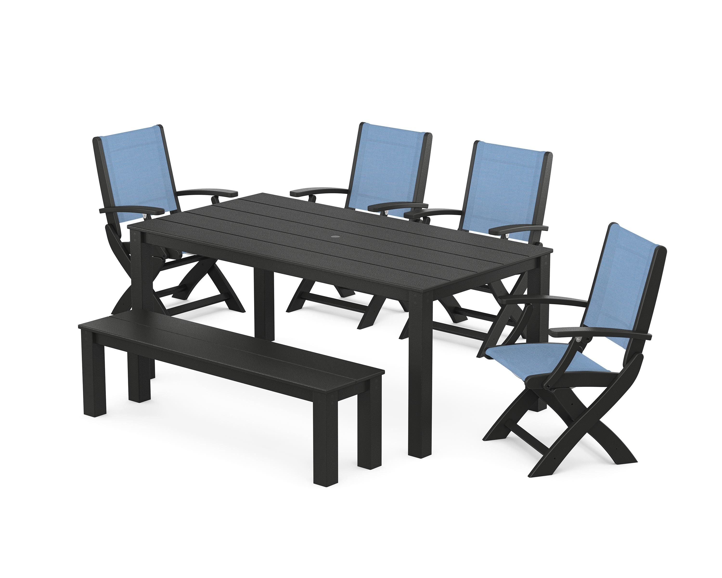 POLYWOOD Coastal Folding Chair 6-Piece Parsons Dining Set with Bench in Black / Poolside Sling