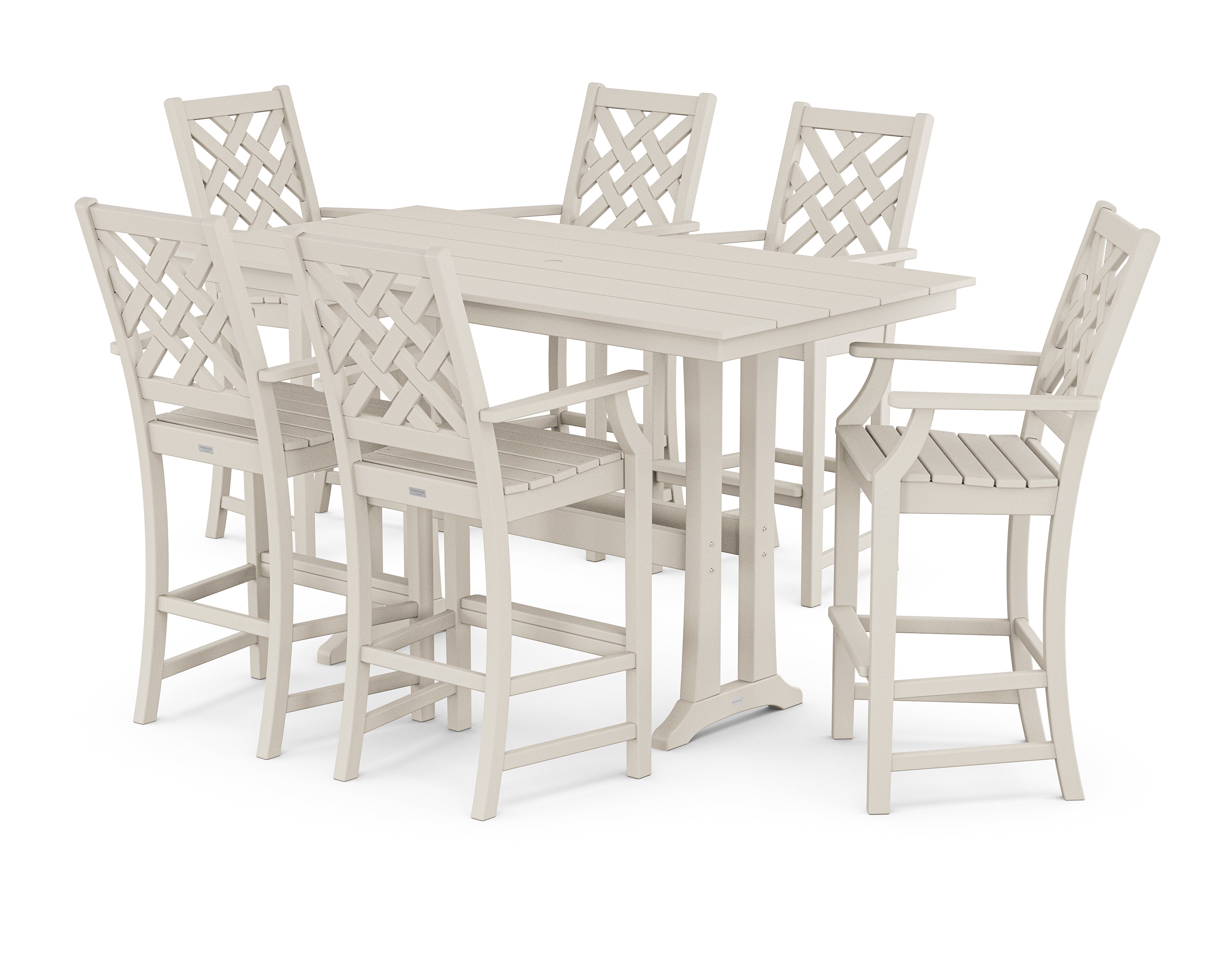 Country Living Wovendale Arm Chair 7-Piece Farmhouse Bar Set with Trestle Legs in Sand