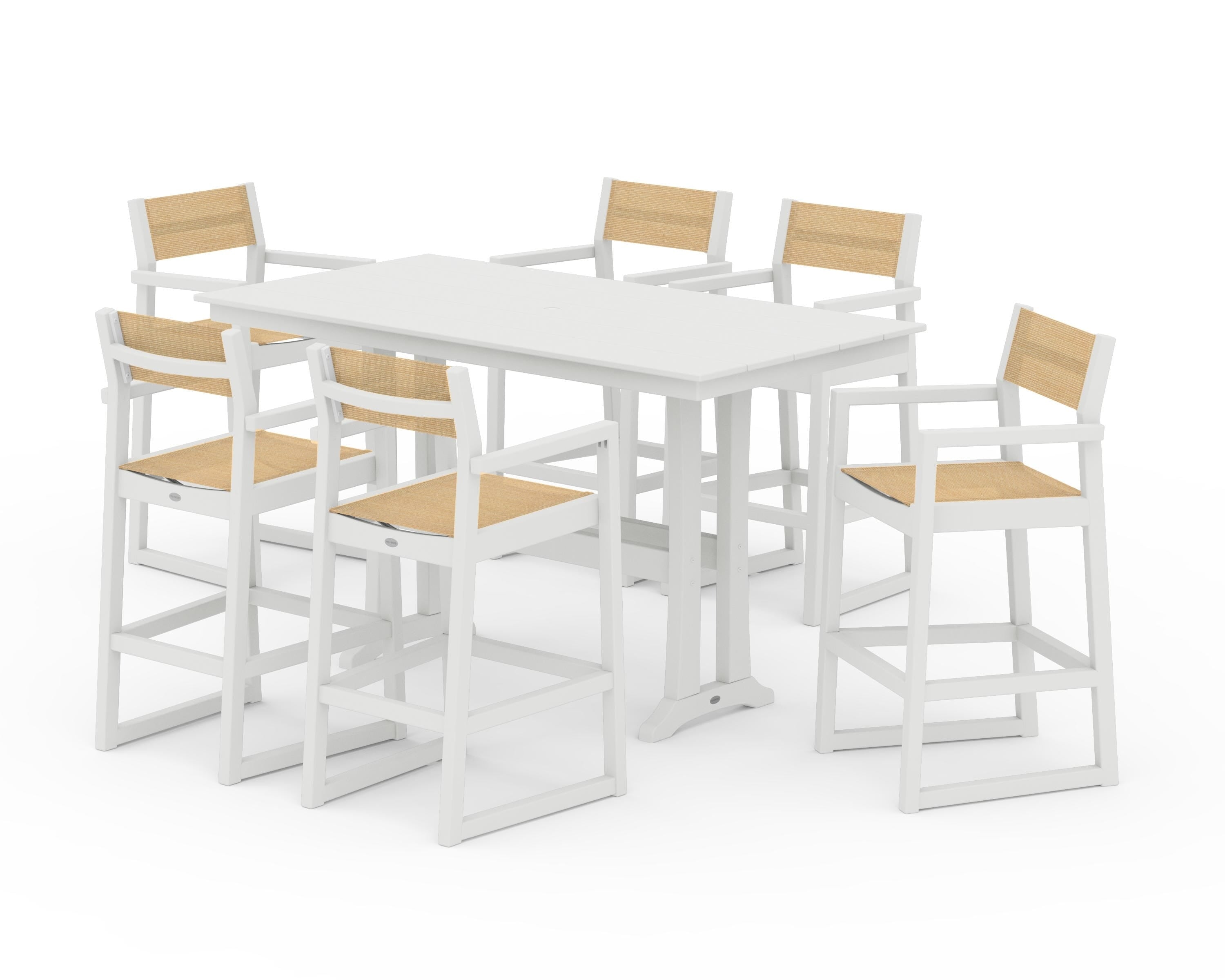 POLYWOOD EDGE Sling Arm Chair 7-Piece Farmhouse Bar Set with Trestle Legs in Vintage White / Dupioni Apricot Sling