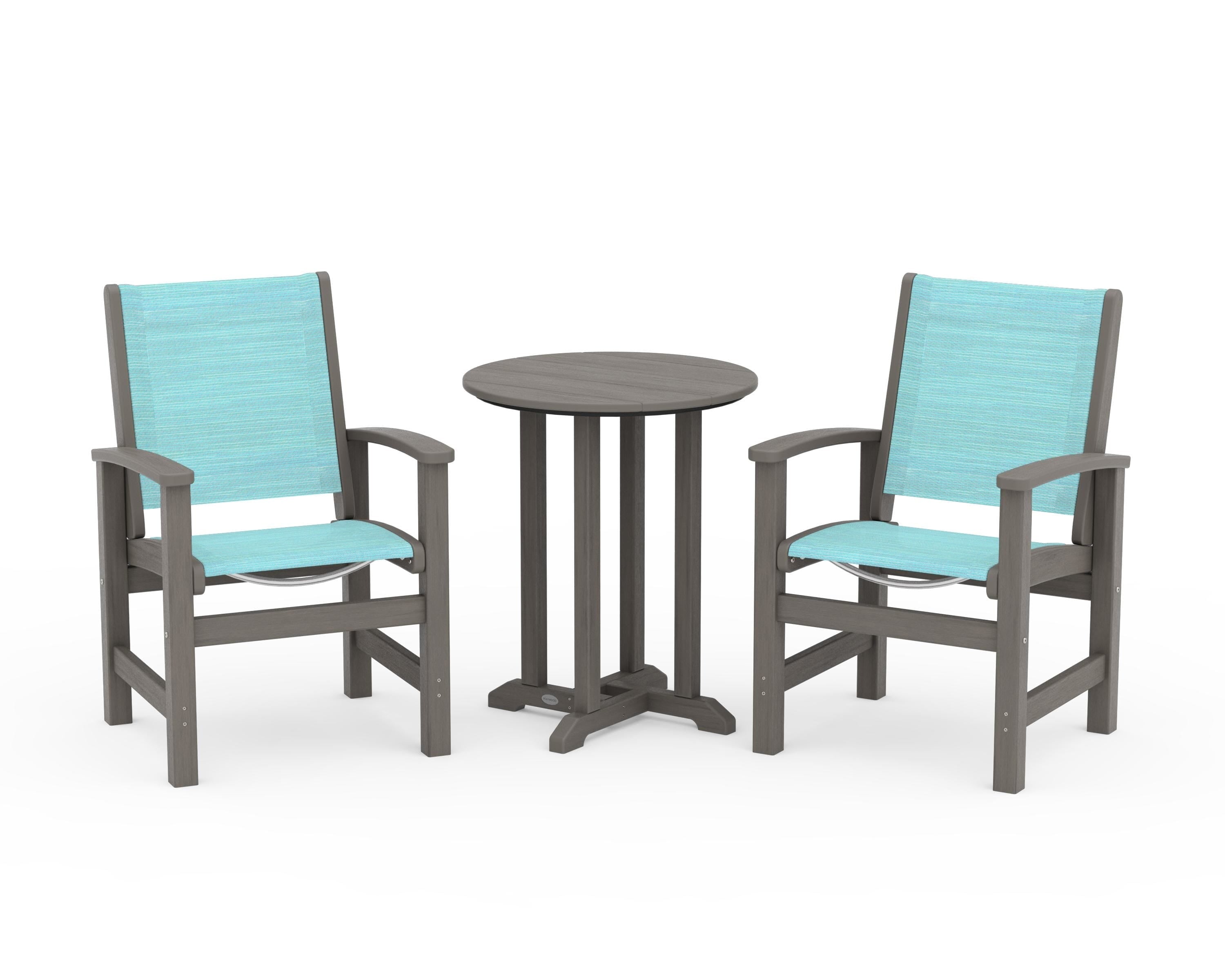 POLYWOOD Coastal 3-Piece Round Bistro Dining Set in Driftwood / Dupioni Aquamarine Sling