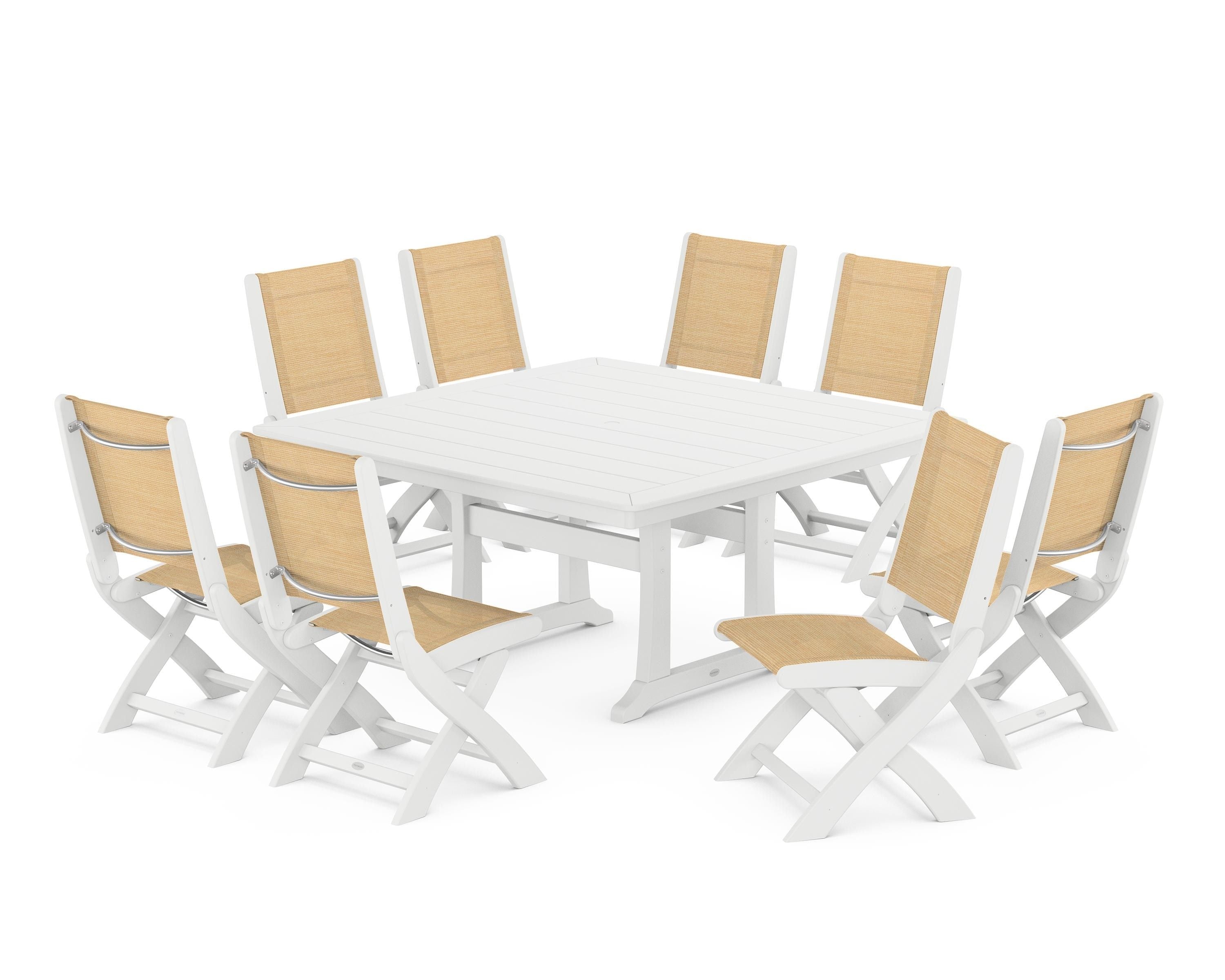 POLYWOOD Coastal Folding Side Chair 9-Piece Dining Set with Trestle Legs in White / Dupioni Apricot Sling