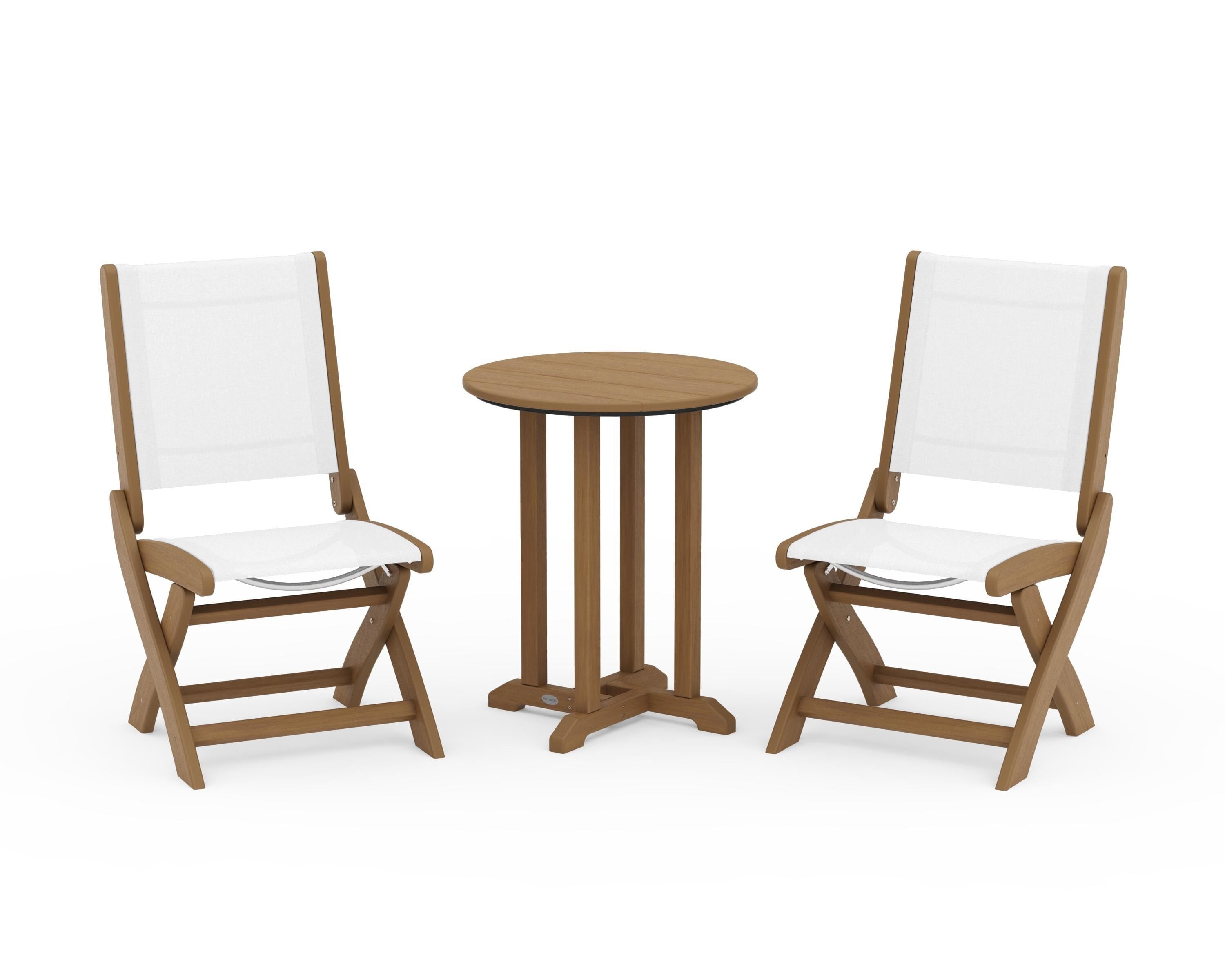 POLYWOOD Coastal Folding Side Chair 3-Piece Round Bistro Dining Set in Natural / White Sling