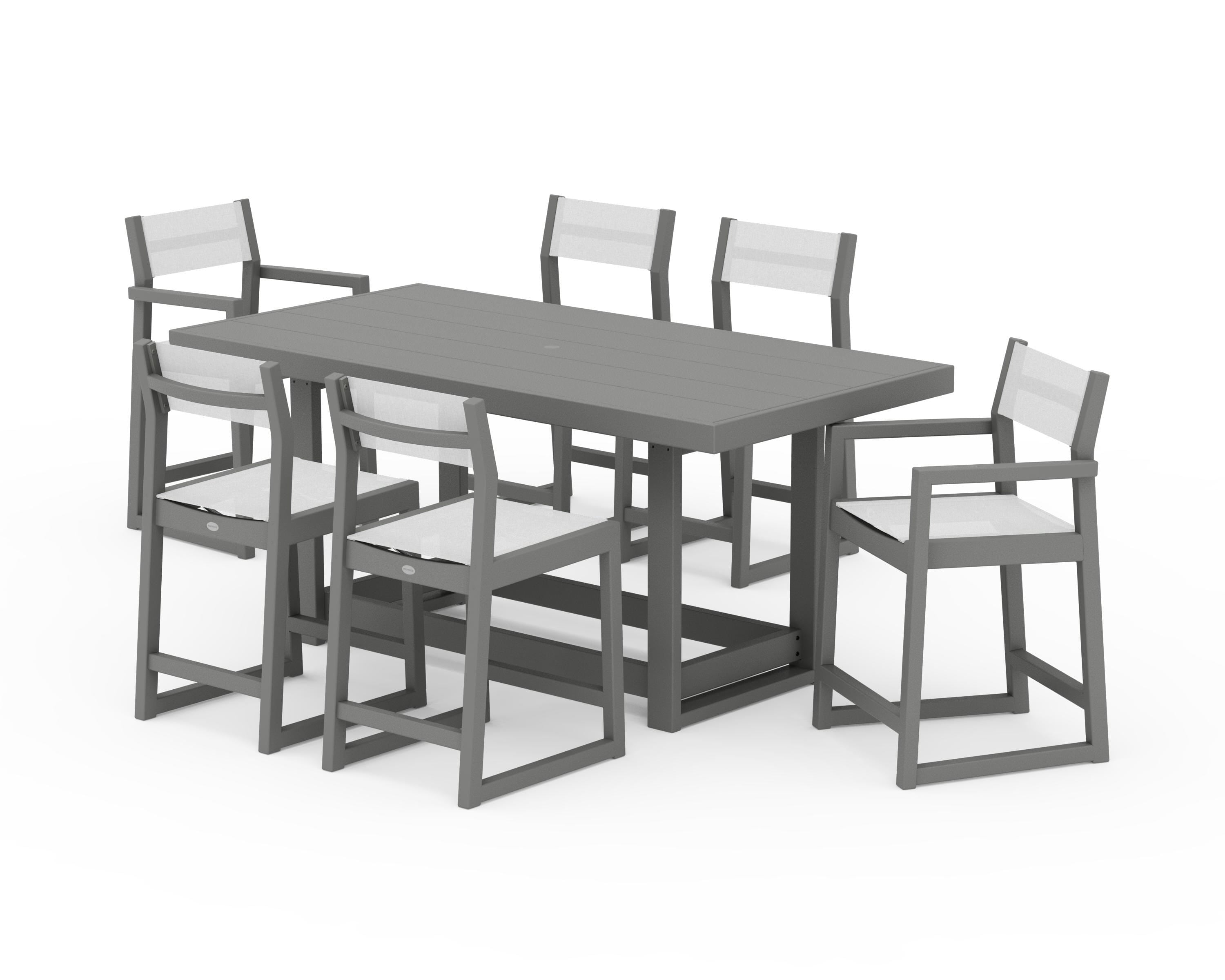 POLYWOOD EDGE Sling 7-Piece Counter Table Set in Slate Grey / White Sling