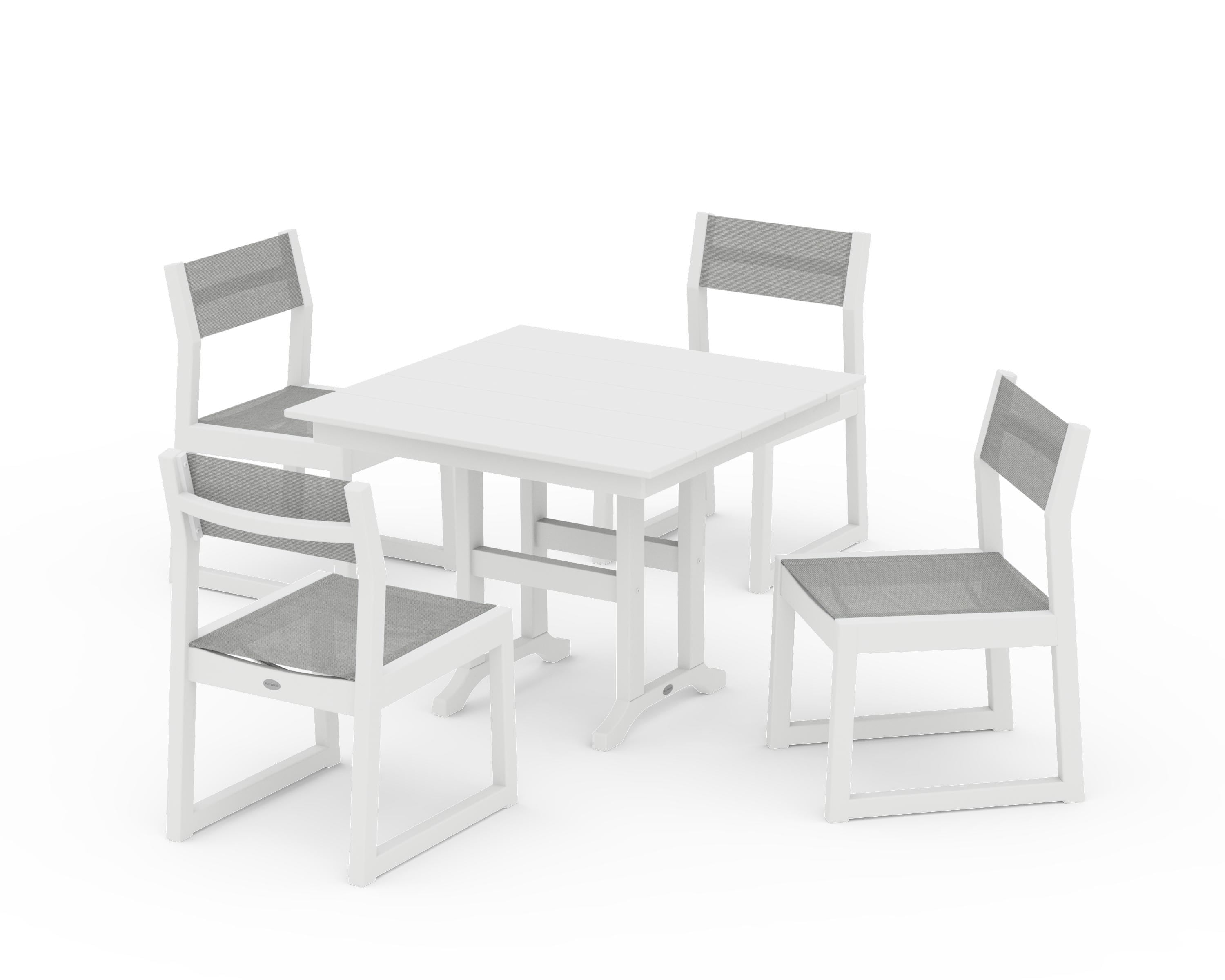 POLYWOOD EDGE Sling Side Chair 5-Piece Farmhouse Dining Set in White / Metallic Sling