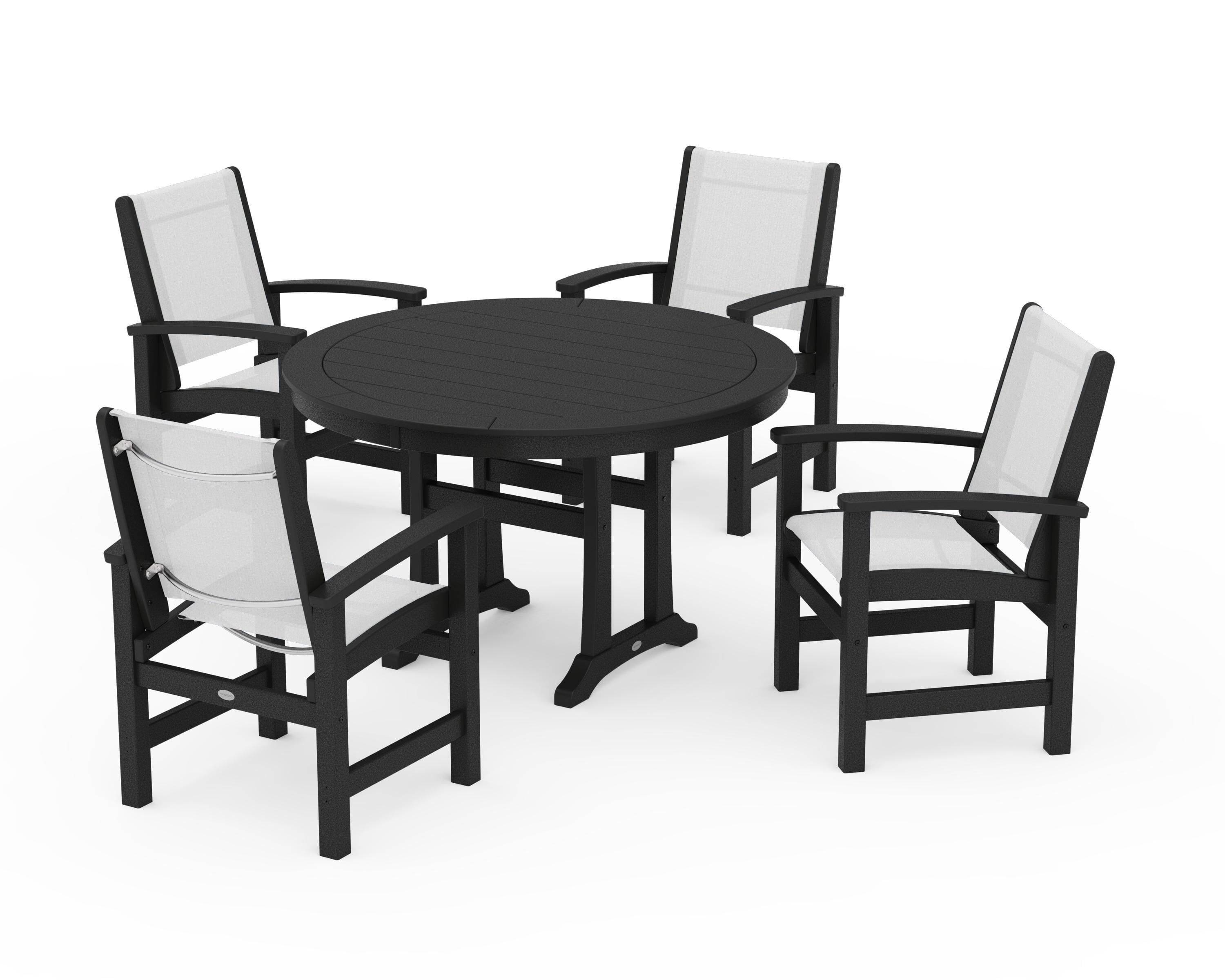 POLYWOOD Coastal 5-Piece Round Dining Set with Trestle Legs in Black / White Sling